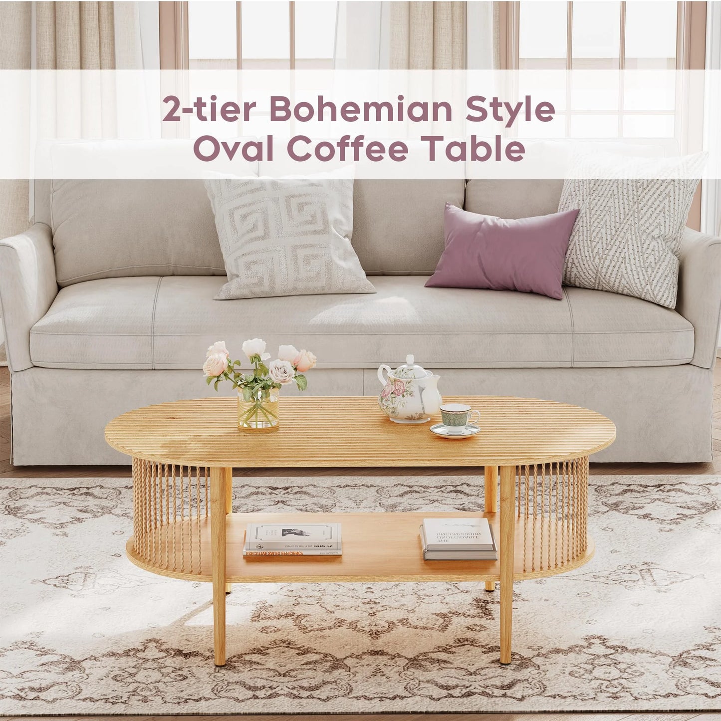 Brafabhome Oval Boho TV Console, Mid-Century Modern, Up to 65", Hand-Woven Ropes, Sturdy Steel Leg