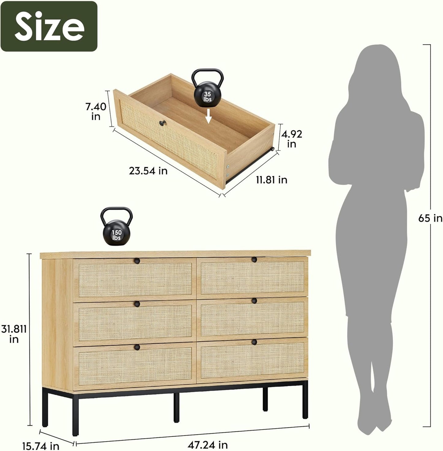 Brafabhome Mid-Century Modern Dresser with Hand-Woven Natural Rattan, Vintage Green Boho 6 Drawer Double Dresser with Wooden Legs