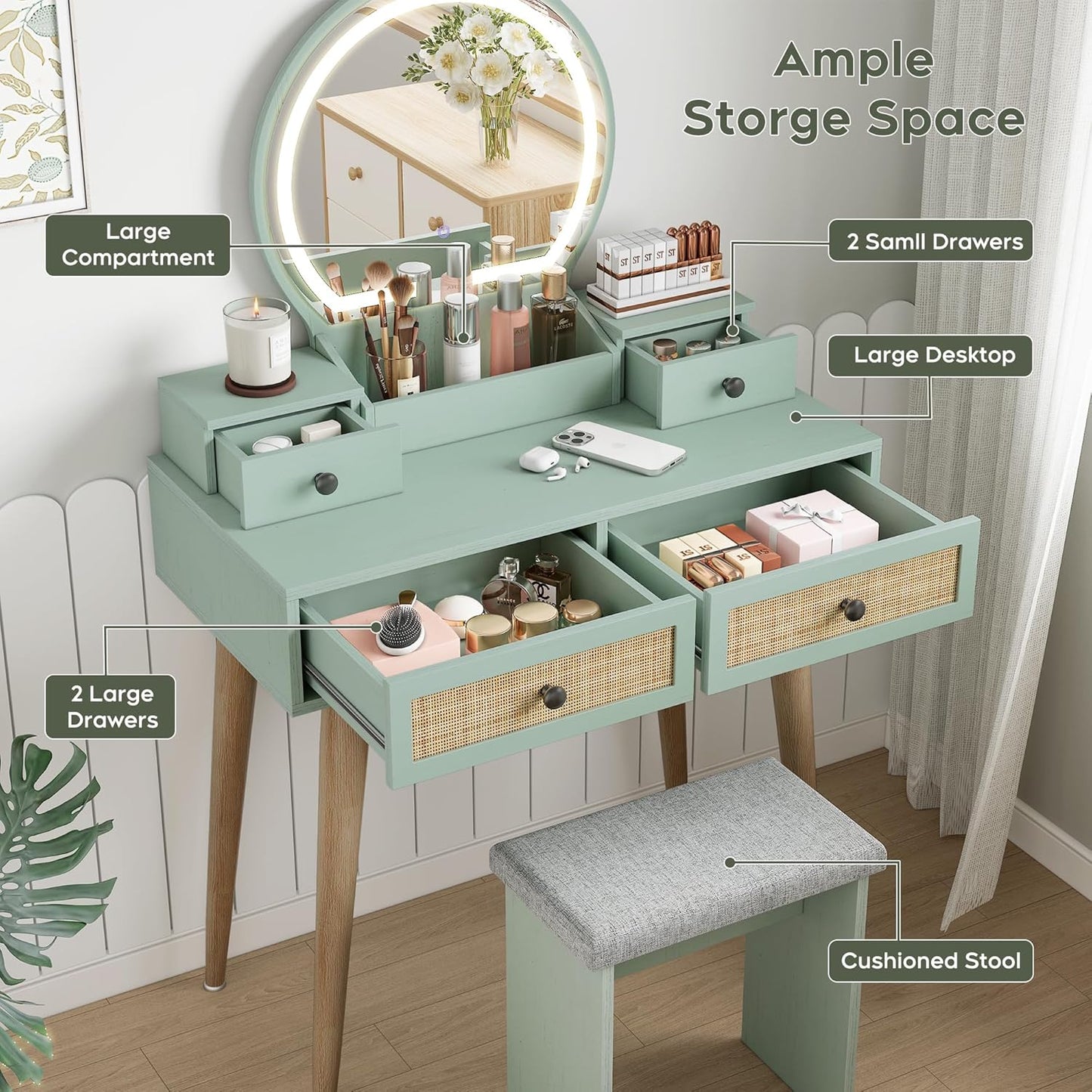 Brafabhome Vintage Boho Vanity Table Set with Adjustable Lighted Mirror and Stool, Modern Dressing Table Set with Drawers and Storage Shelves for Makeup Room Bedroom | Green