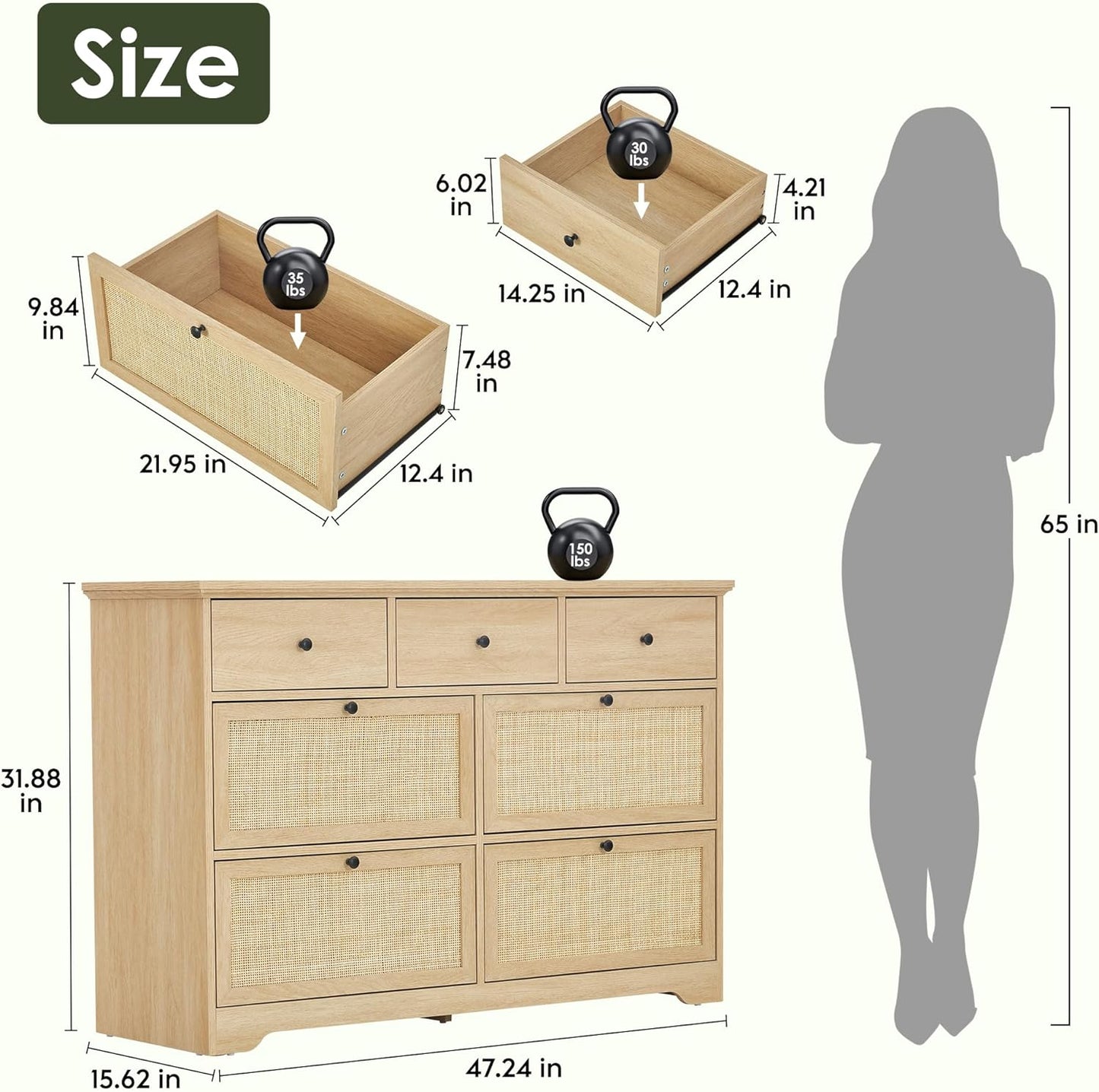Brafabhome 7 Drawers Natural Rattan Dresser TV Stand Wooden Cane Dressers for Bedroom