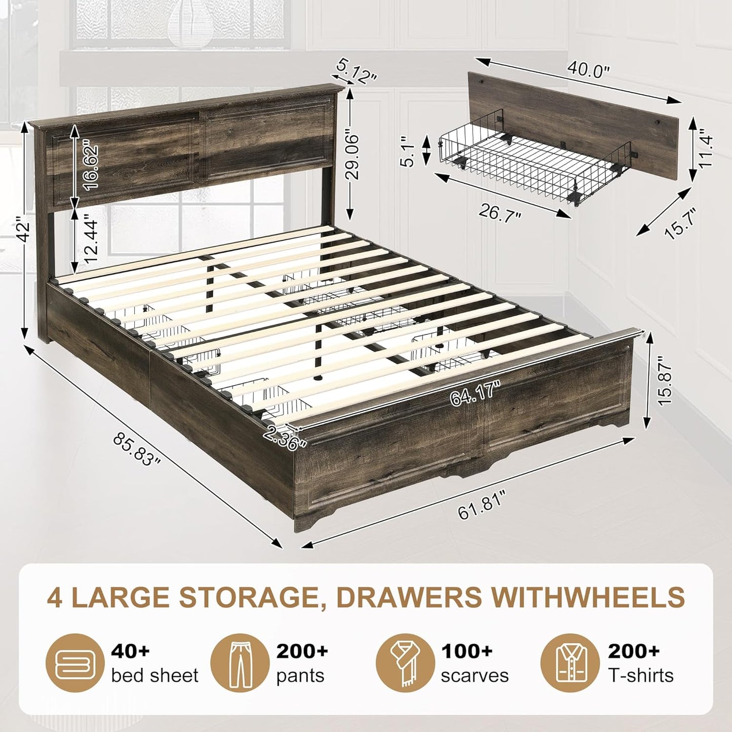 Brafabhome Mid-Century Wood Queen Bed Frame with 4 Storage Drawers, Rustic High Headboard Queen Size Platform Bed Frame for Bedroom Hotel Apartment, No Box Spring Needed