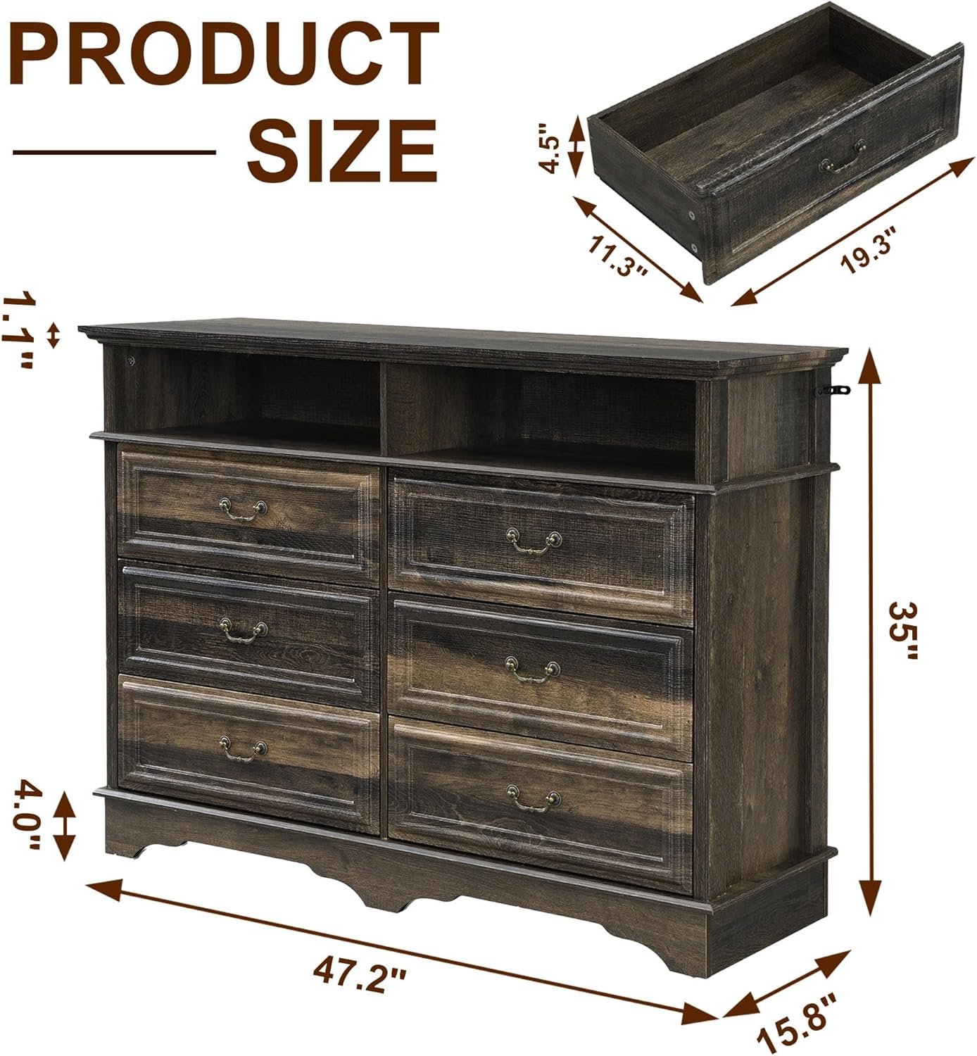 6 Drawer Dresser for Bedroom with Shelves Storage, 47'' Wide Farmhouse Thickened Wood Chest of Drawers, 35'' Tall Mid Century Modern Dressers Organizer for Living Room, Closet, Hallway