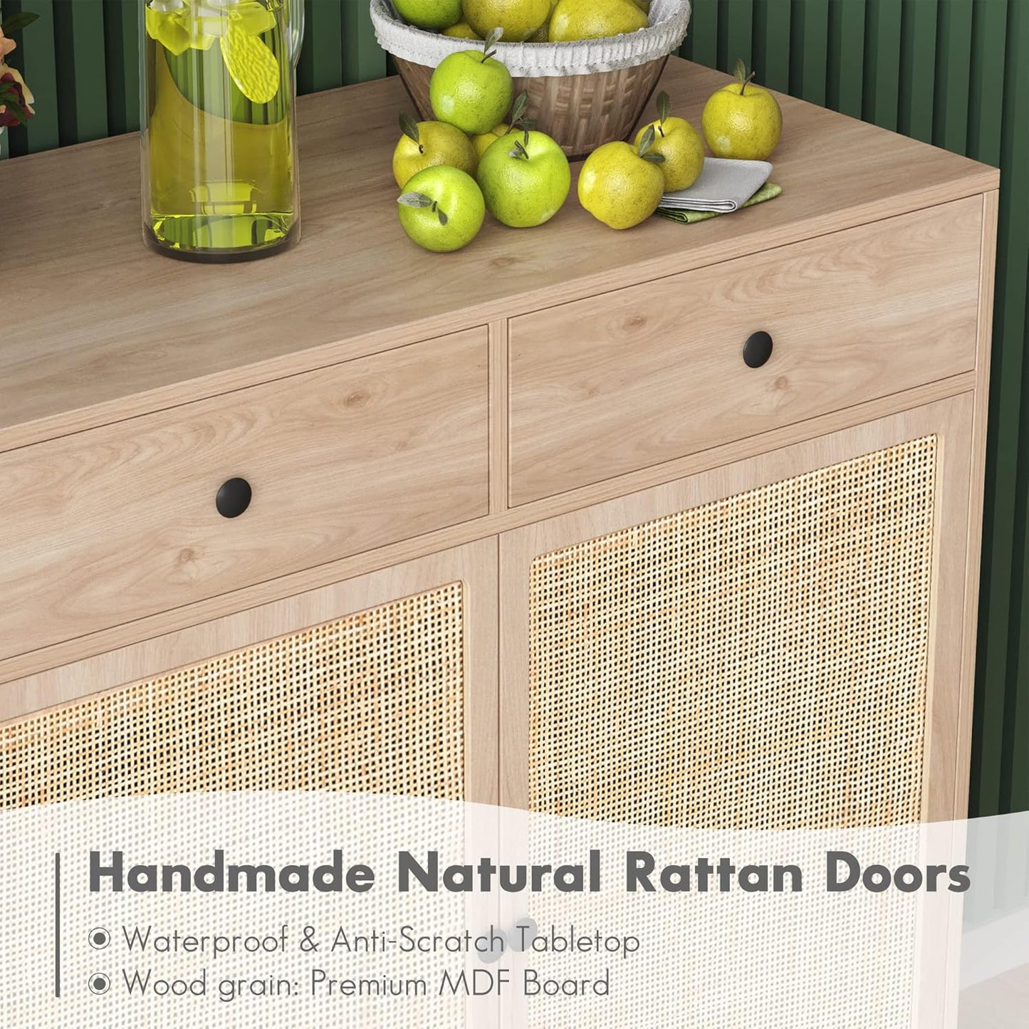 Brafabhome Sideboard Storage Cabinet with Handmade Natural Rattan Doors, Buffet Cabinet with Storage, for Living Room, Dining Room, Entryway, Kitchen