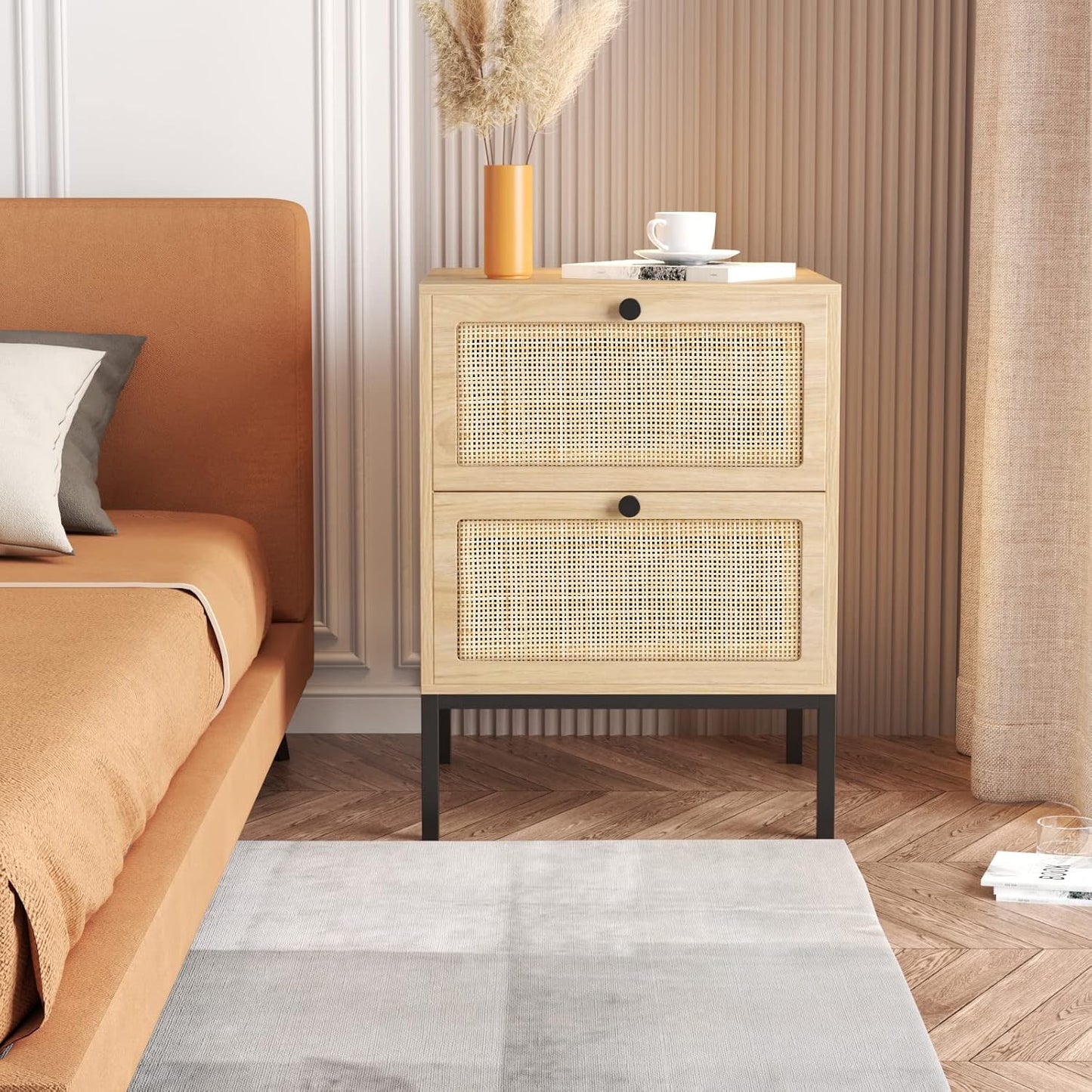 brafabhome Bohemian Rattan Nightstand Set of 2, Wood Bedside Table with Drawers for Bedroom Living Room, Beige