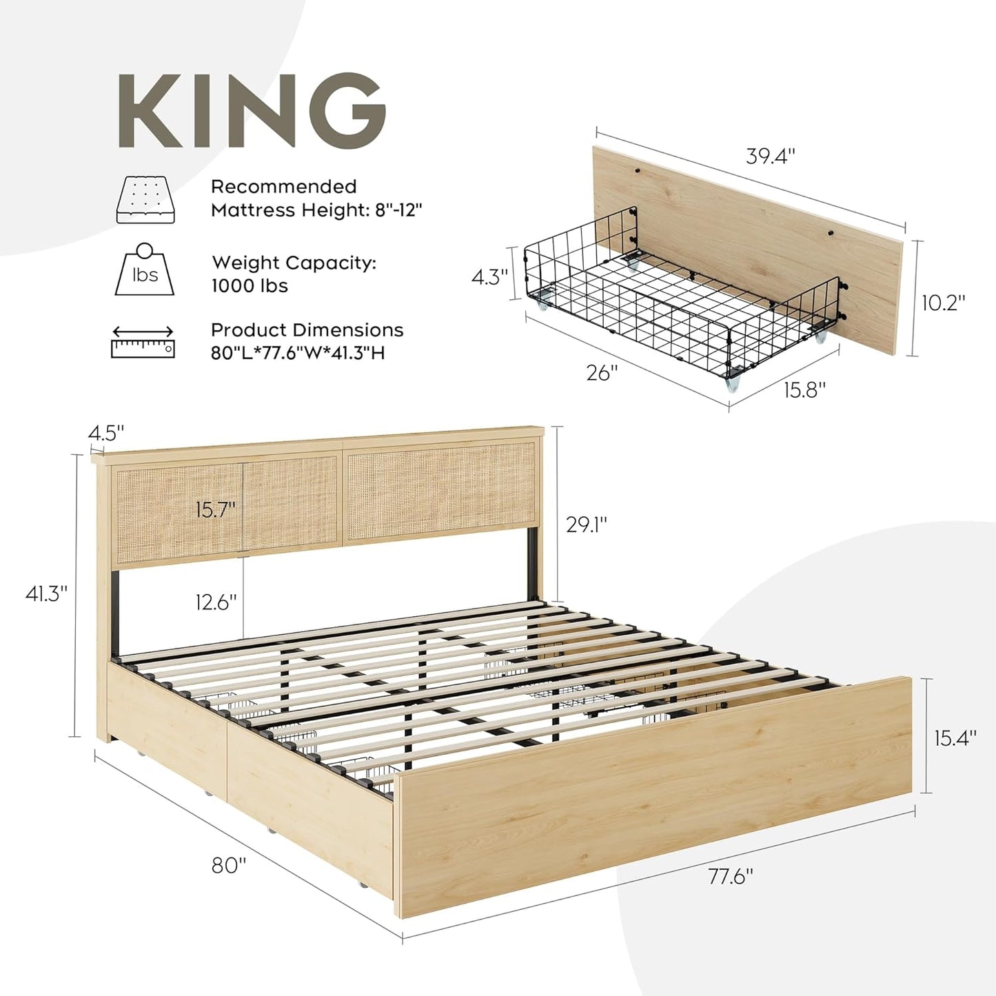 Brafabhome Rattan Bed Frames with Headboard, Wood Platform Bed Frame with 4 Storage Drawers, Mattress Foundation Noise-Free | Beige