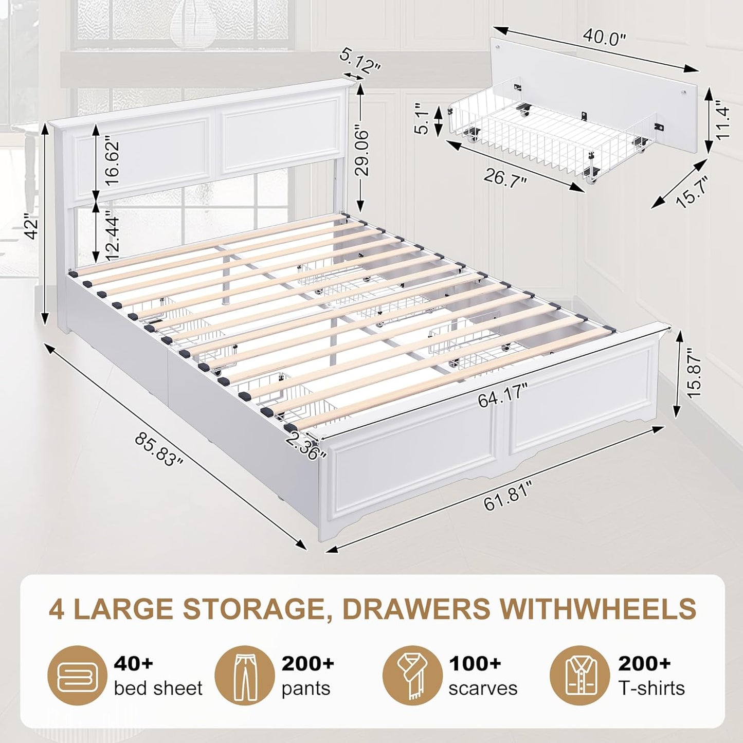 Brafabhome Mid-Century Wood Queen Bed Frame with 4 Storage Drawers, Rustic High Headboard Queen Size Platform Bed Frame for Bedroom Hotel Apartment, No Box Spring Needed