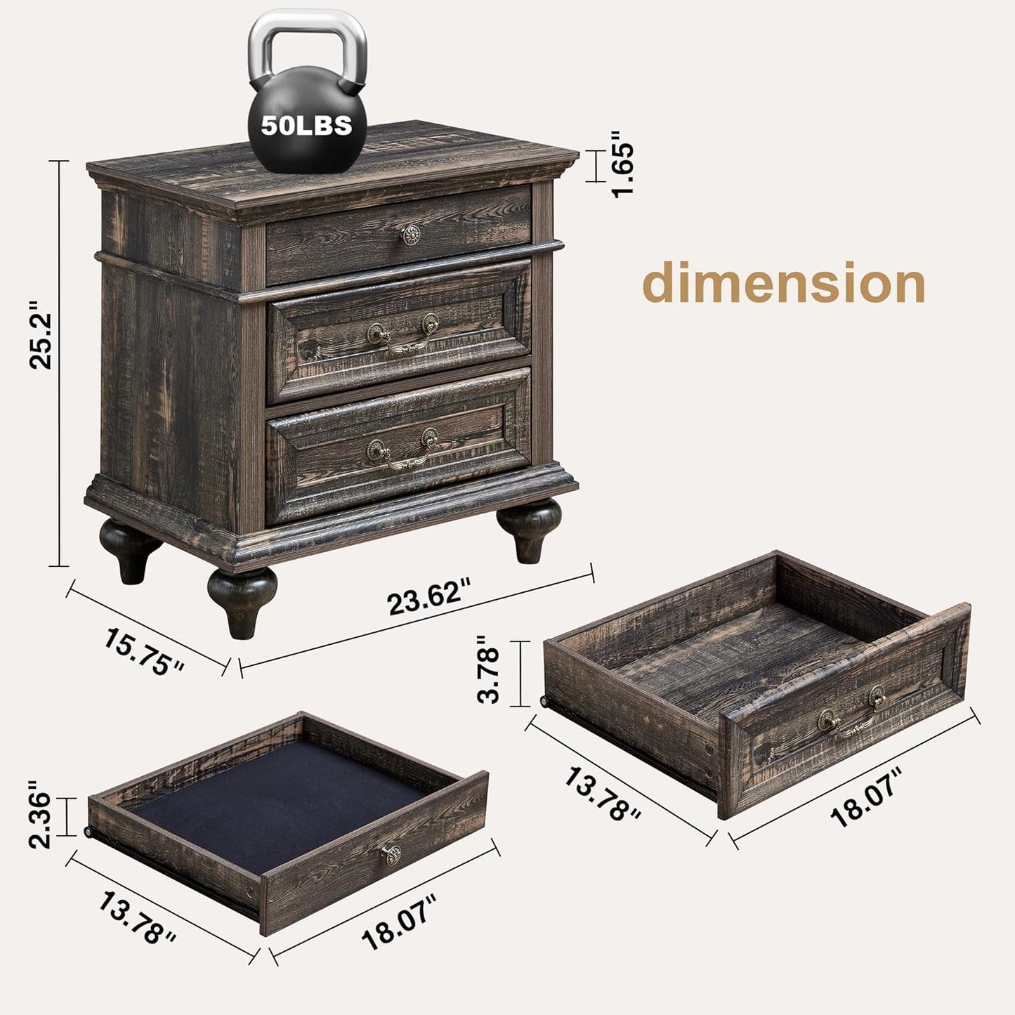 3 Drawers Farmhouse Rustic Thickened Wood Nightstands