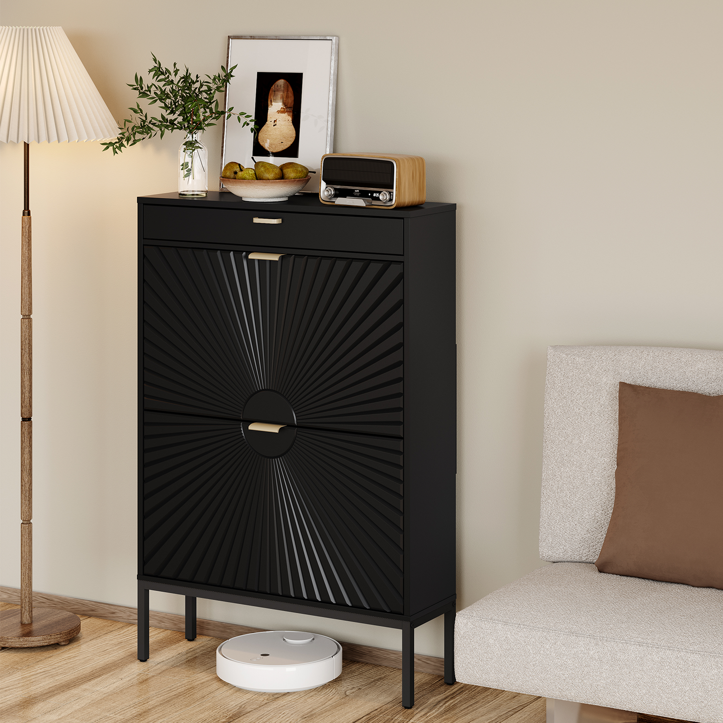 Brafabhome Shoe Storage Cabinet Slim Entryway Shoe Organizer with Half linear Circle Doors