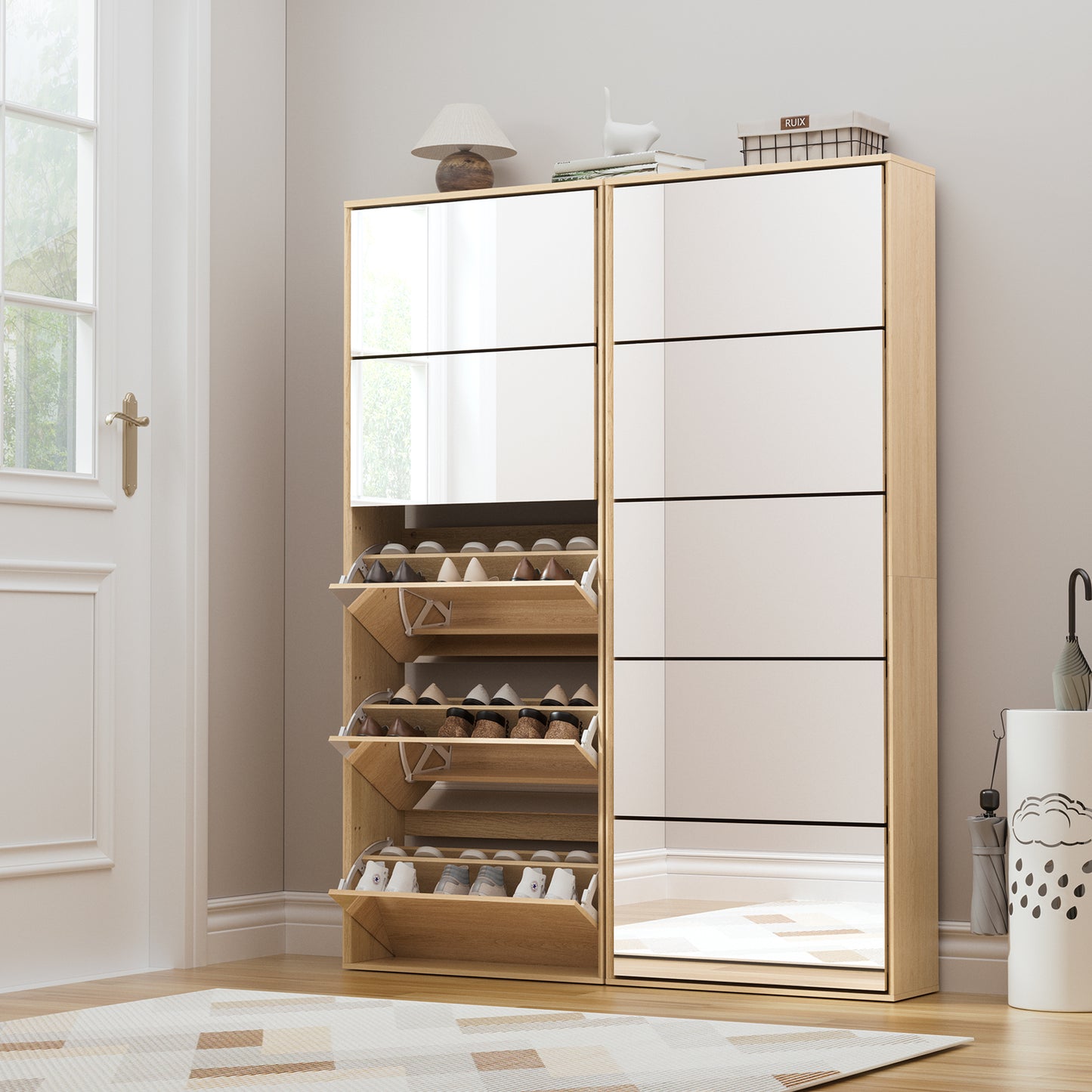 Brafabhome Mirror Shoe Cabinet with 5 Flip Doors, 30-Pairs Shoe Organizer Cabinet for Hallway, Modern Entryway Shoe Storage for Slippers Sneakers | Nature
