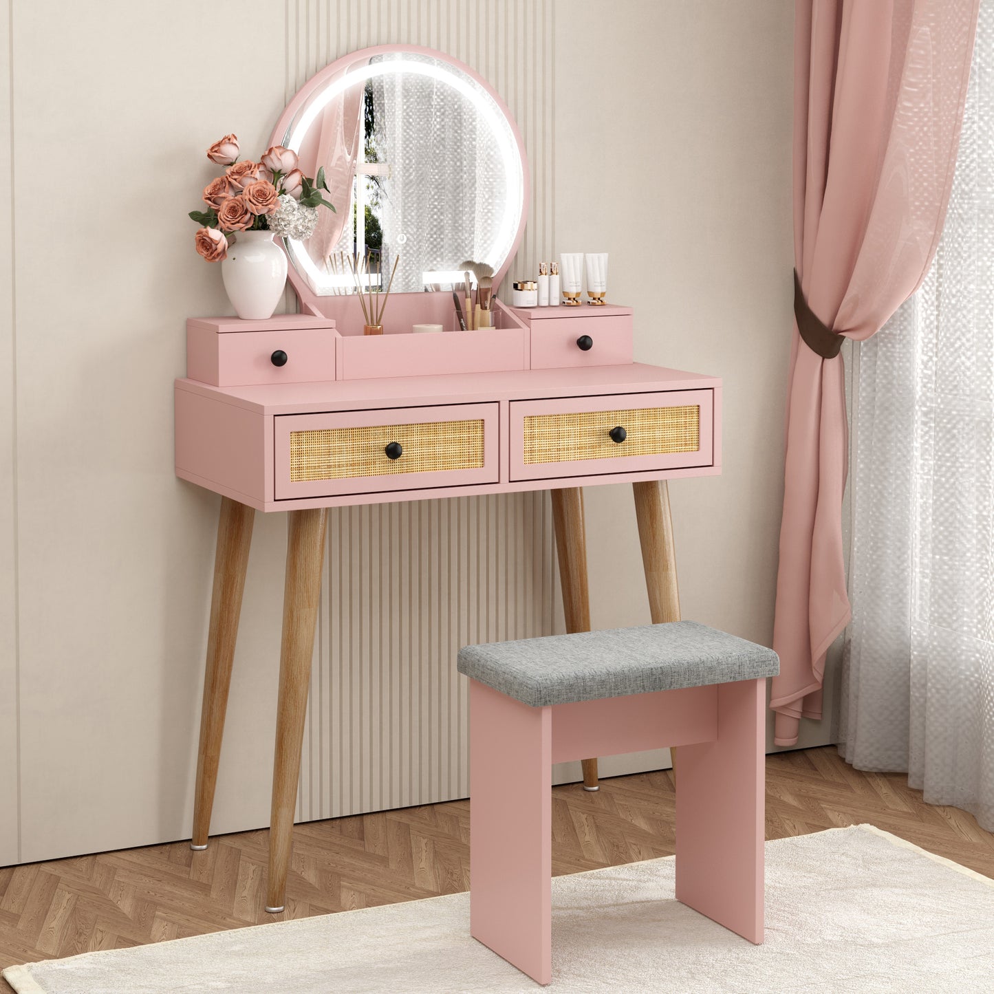 Brafabhome Vintage Boho Vanity Table Set with Adjustable Lighted Mirror and Stool, Modern Dressing Table Set with Drawers and Storage Shelves for Makeup Room Bedroom | Green