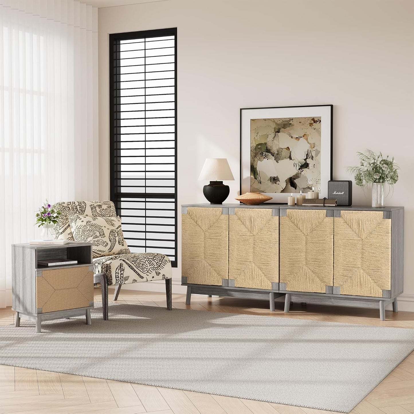 brafabhome Bohemian Rattan Nightstand Set of 2, Wood Bedside Table with Drawers for Bedroom Living Room, Beige