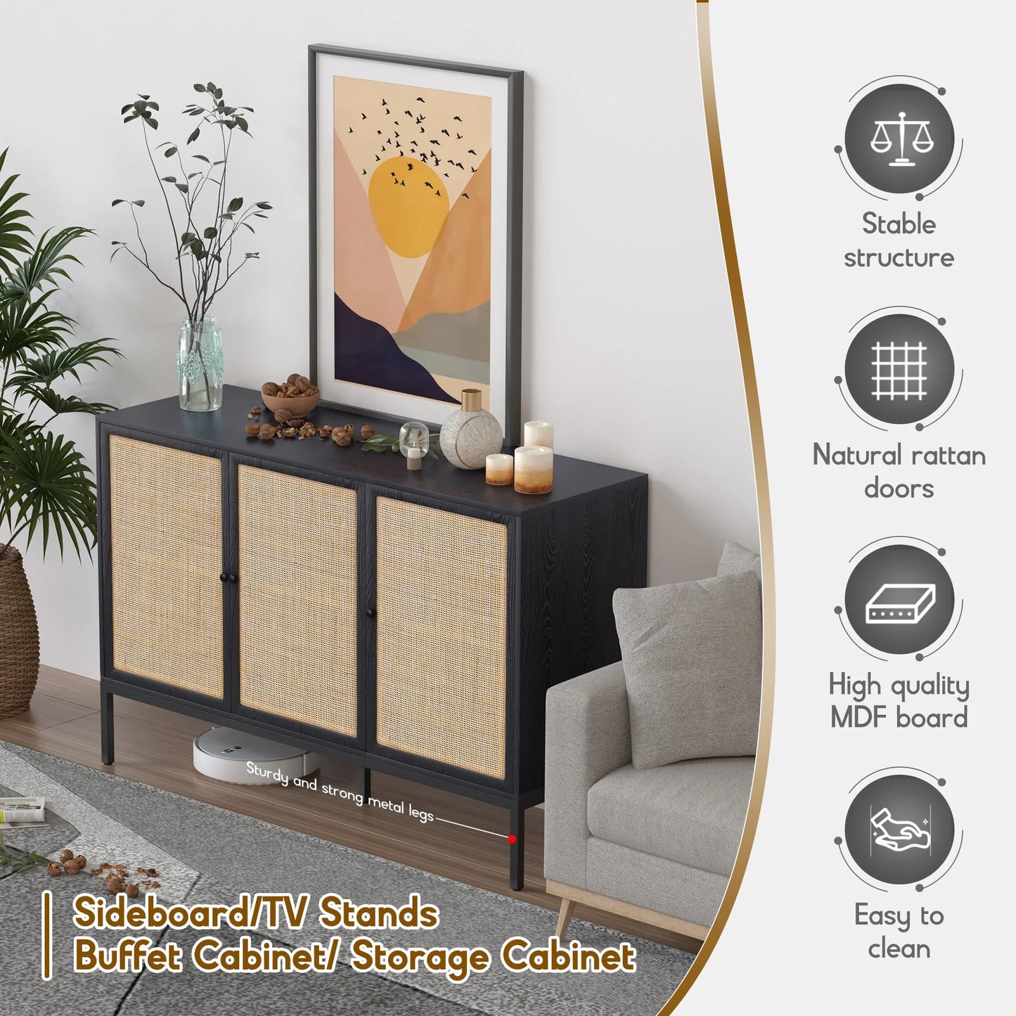 Brafabhome Sideboard Storage Cabinet with Handmade Natural Rattan Doors, Buffet Cabinet with Storage, for Living Room, Dining Room, Entryway, Kitchen