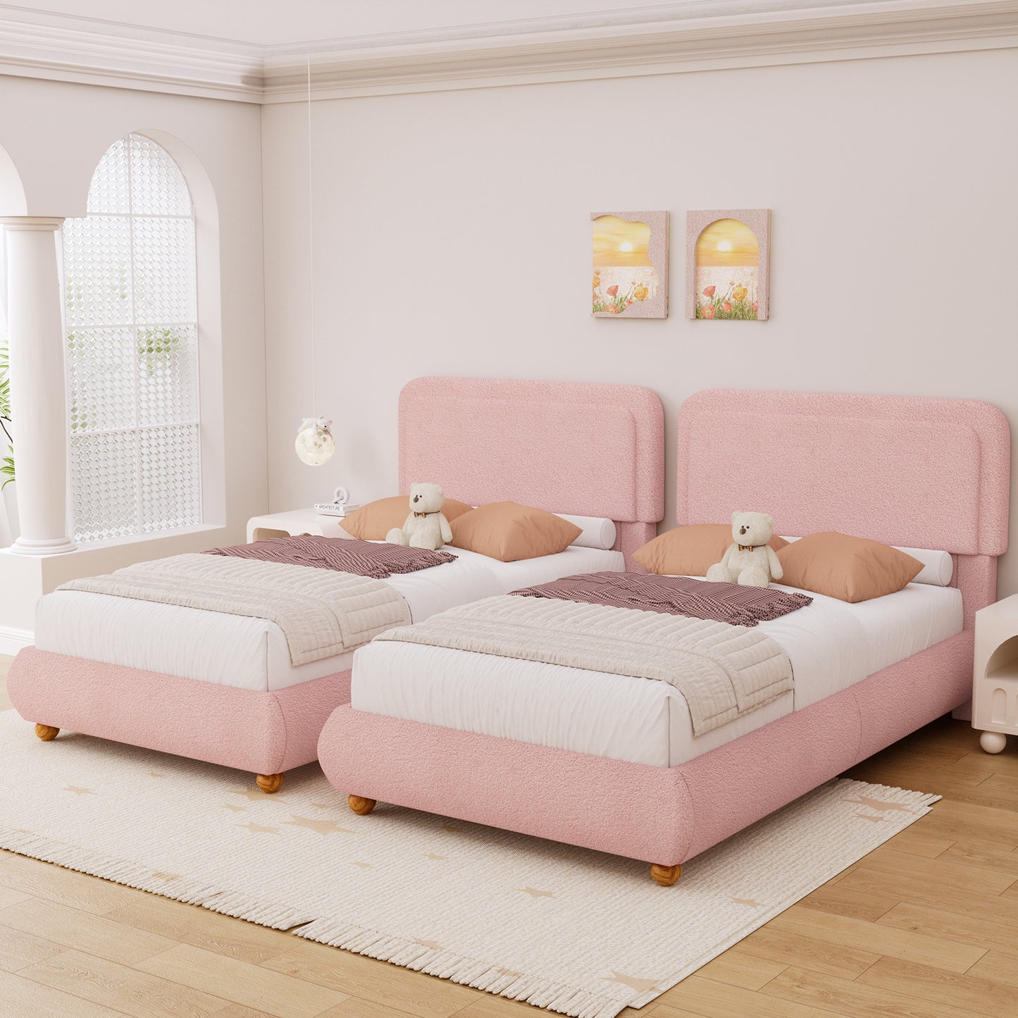 Brafabhome Twin Size Bed Frame with Round Corner Headboard, Soft Boucle Cloud Upholstered Fluffy Platform Bed with Bump-Proof Edge Footboard for Kids, No Box Spring Needed | Pink