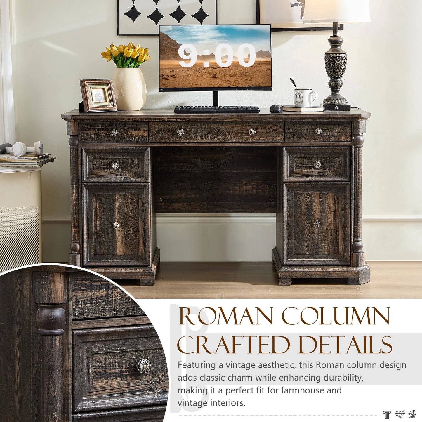 Brafabhome Executive Desk Computer Writing Desks with Charging Station, 55 x 20.5 in, Weathered Reclaimed Oak