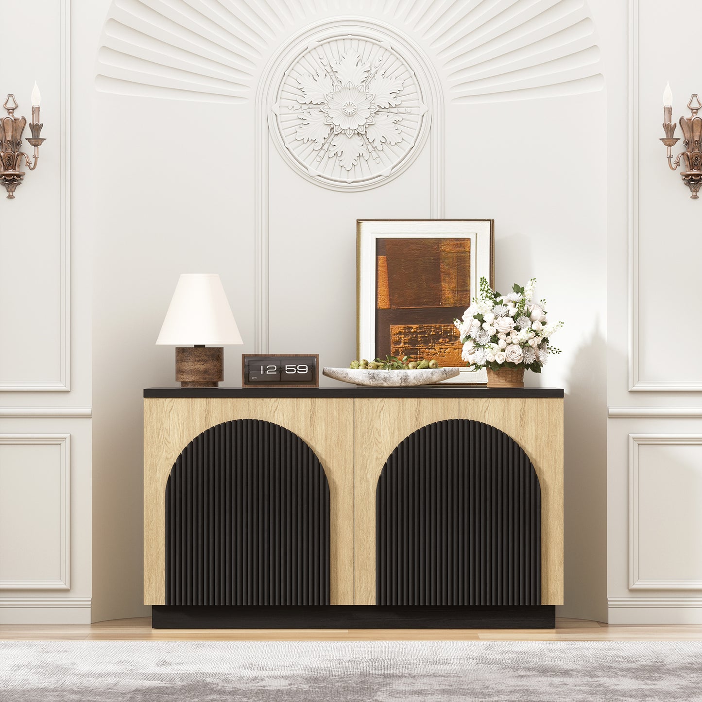 Brafabhome Accent Sideboards Buffet Cabinet with Arched Reeded Design Door, Modern Credenza Storage Cabinet with Adjustable & Removable Shelves for Living Room Bedroom Dinning Room