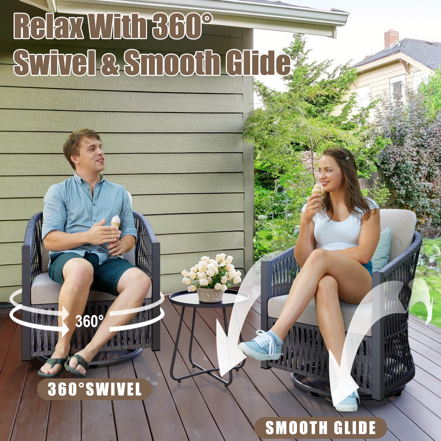Brafabhome 2 Pieces Patio Furniture Set, Outdoor Swivel Gliders Rocker with Metal Side Table, Wicker Patio Bistro Set for Balcony Porch Deck Backyard | Gray