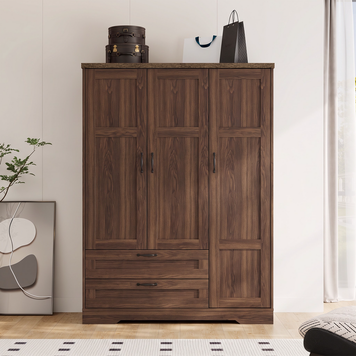Brafabhome 62"H Wooden Armoire Wardrobe Closet with 2 Drawers, 3 Doors Modern Wardrobe Cabinet with Mirror and Adjustable Shelf for Clothes Coats