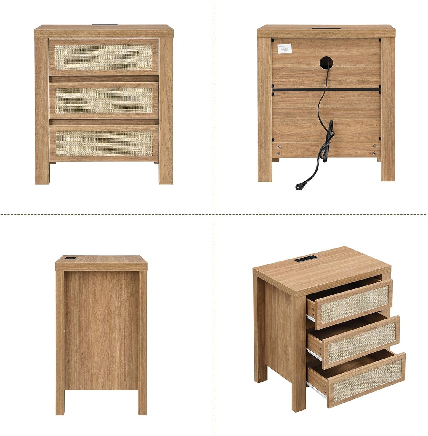 Brafabhome Modern Nightstands with Fast Charging Station, Rattan Storage Bedside Tables Night Stand with Drawers for Bedroom Living Room
