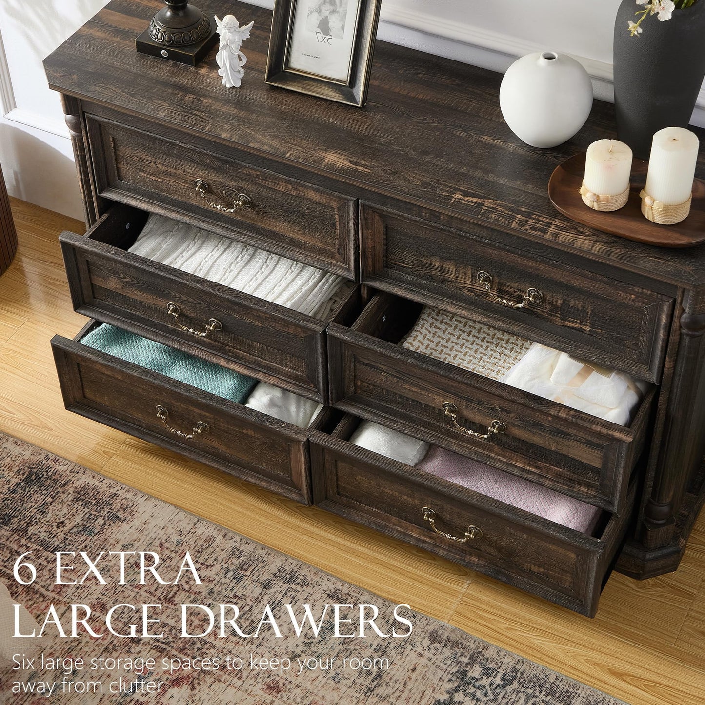 6 Drawer Dresser for Bedroom with Shelves Storage, 47'' Wide Farmhouse Thickened Wood Chest of Drawers, 35'' Tall Mid Century Modern Dressers Organizer for Living Room, Closet, Hallway