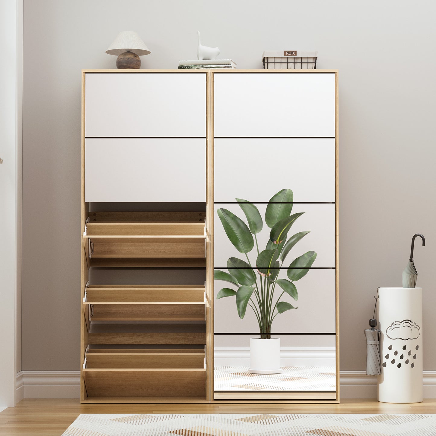 Brafabhome Mirror Shoe Cabinet with 5 Flip Doors, 30-Pairs Shoe Organizer Cabinet for Hallway, Modern Entryway Shoe Storage for Slippers Sneakers | Nature
