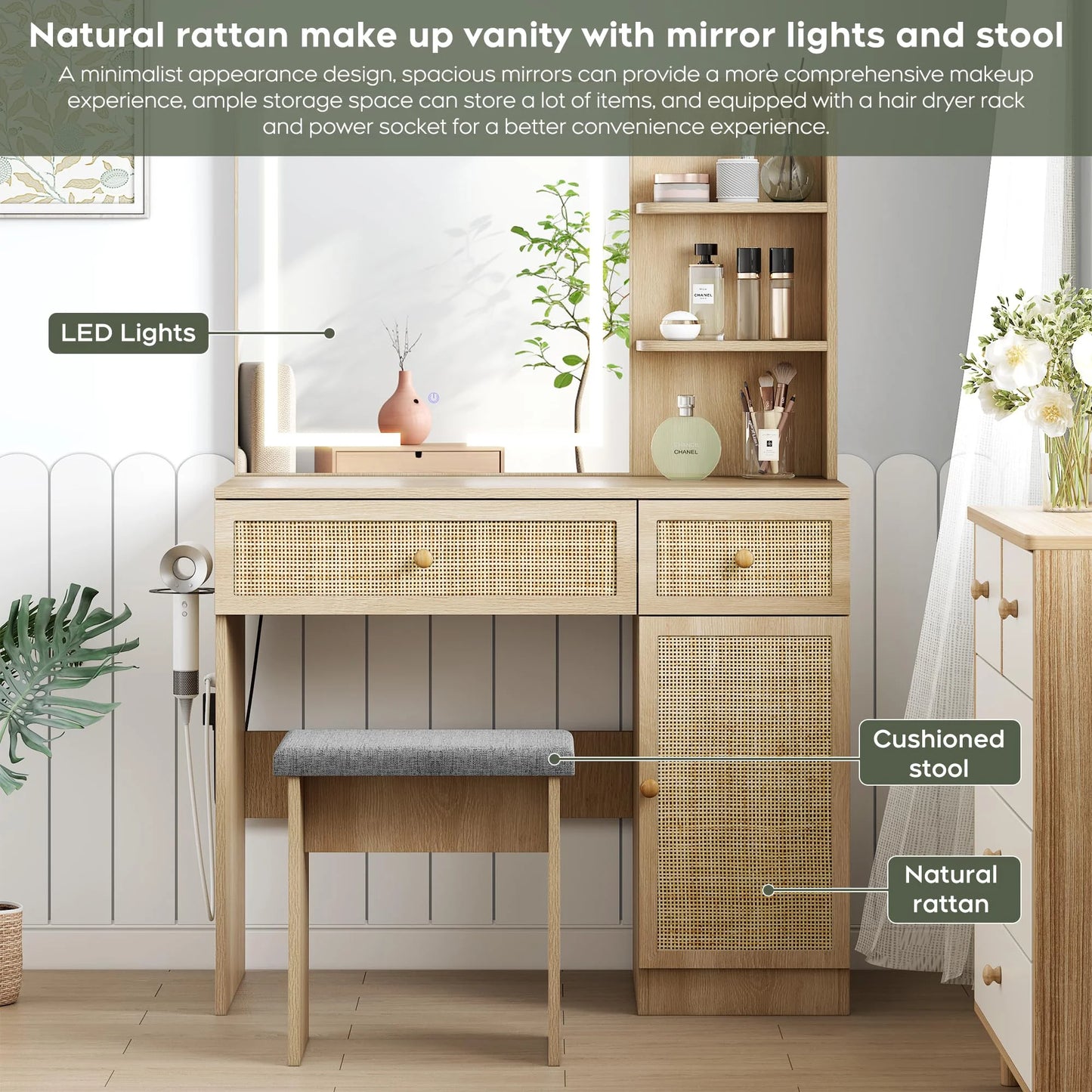 Brafabhome Vintage Boho Vanity Table Set with Adjustable Lighted Mirror and Stool, Modern Dressing Table Set with Drawers and Storage Shelves for Makeup Room Bedroom | Green