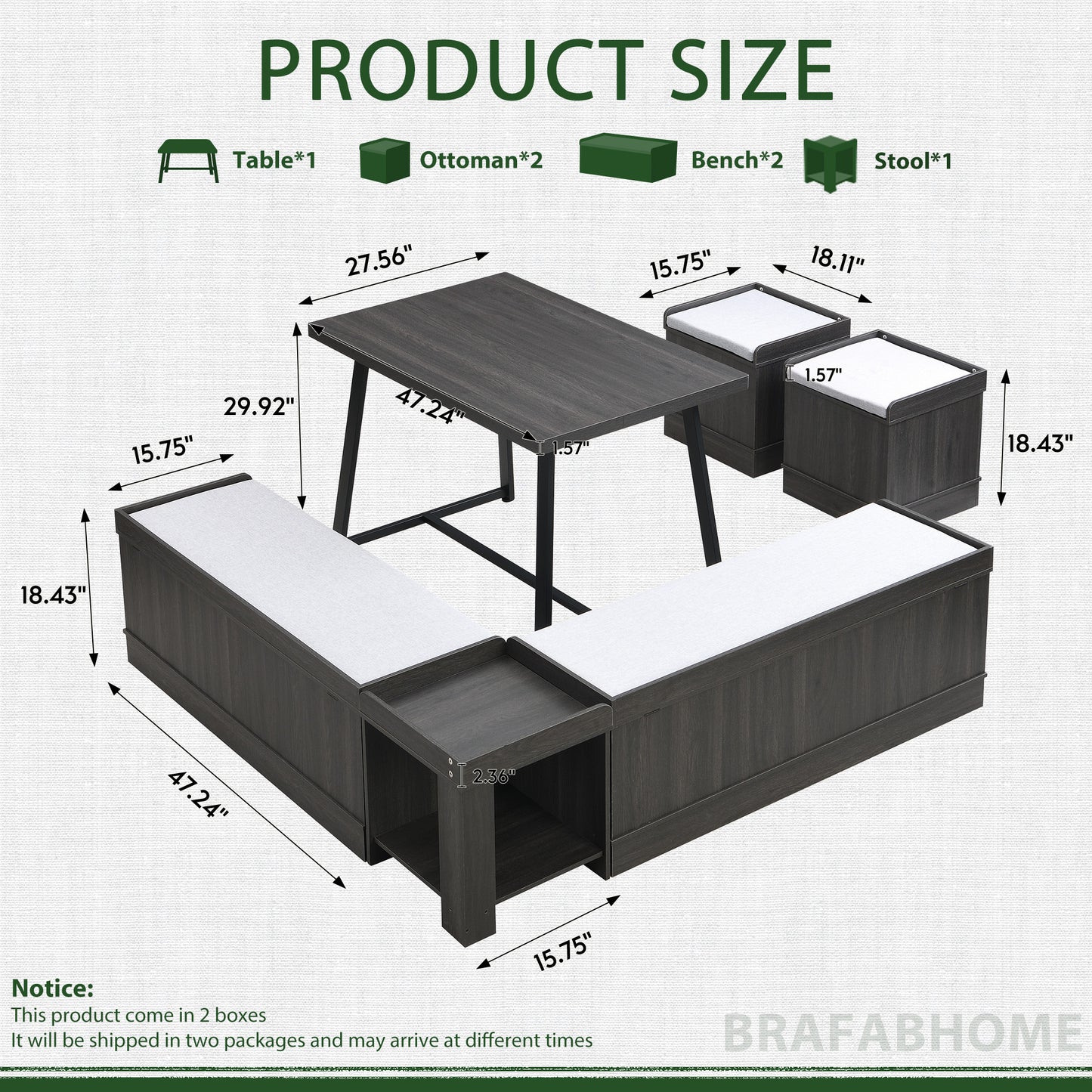 Brafabhome 6 PCS Dining Table Set with Storage Bench, Modern Corner Breakfast Nook with Cushions Stool for 6, Suitable for Kitchen and Dining Room