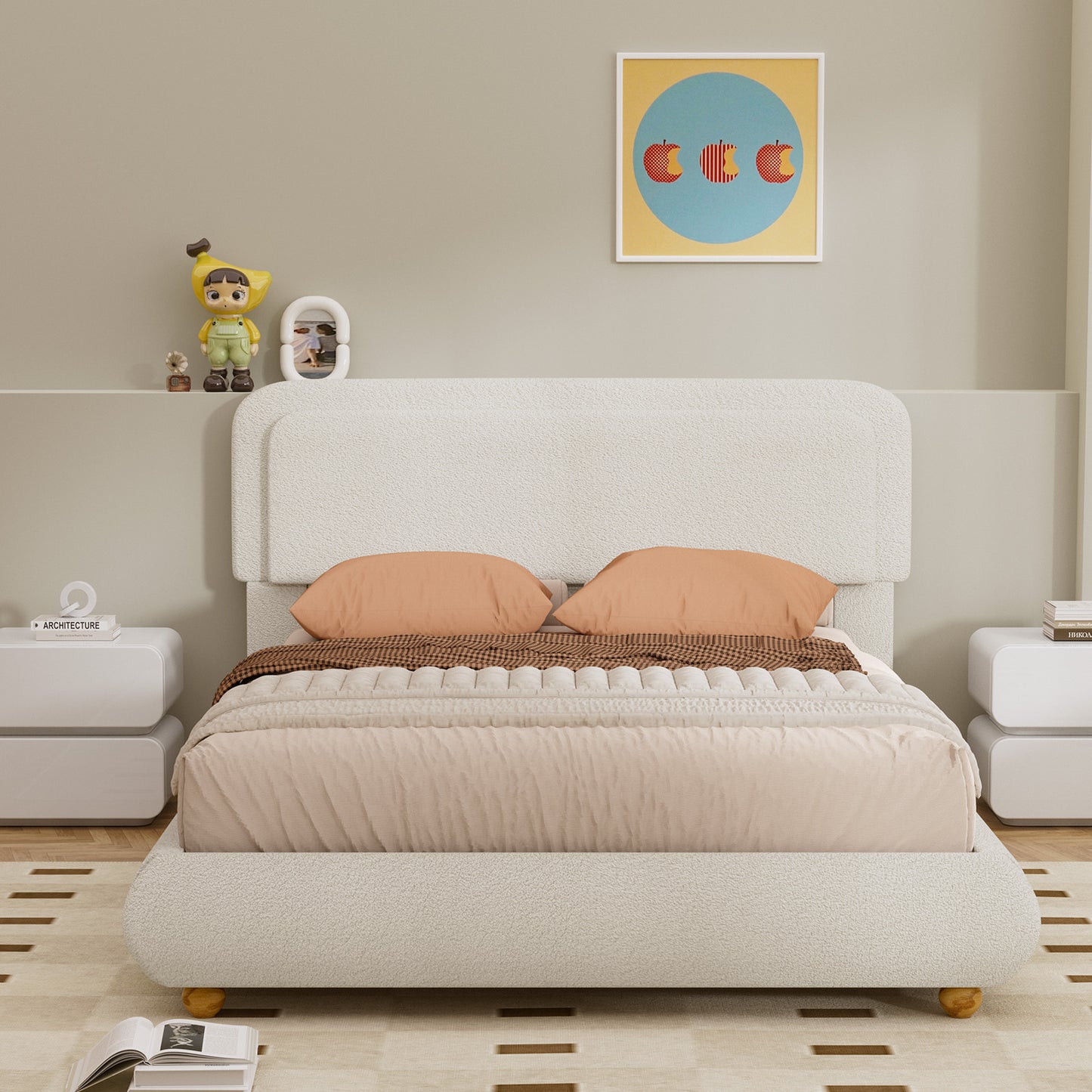 Brafabhome Twin Size Bed Frame with Round Corner Headboard, Soft Boucle Cloud Upholstered Fluffy Platform Bed with Bump-Proof Edge Footboard for Kids, No Box Spring Needed | Pink