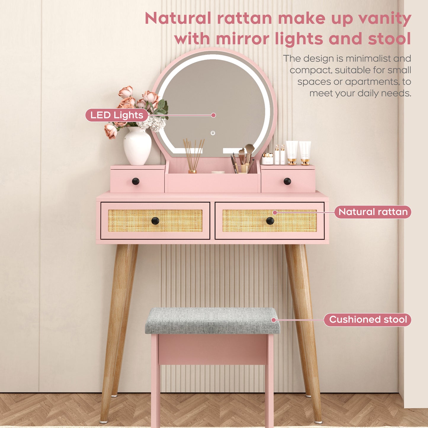 Brafabhome Vintage Boho Vanity Table Set with Adjustable Lighted Mirror and Stool, Modern Dressing Table Set with Drawers and Storage Shelves for Makeup Room Bedroom | Green