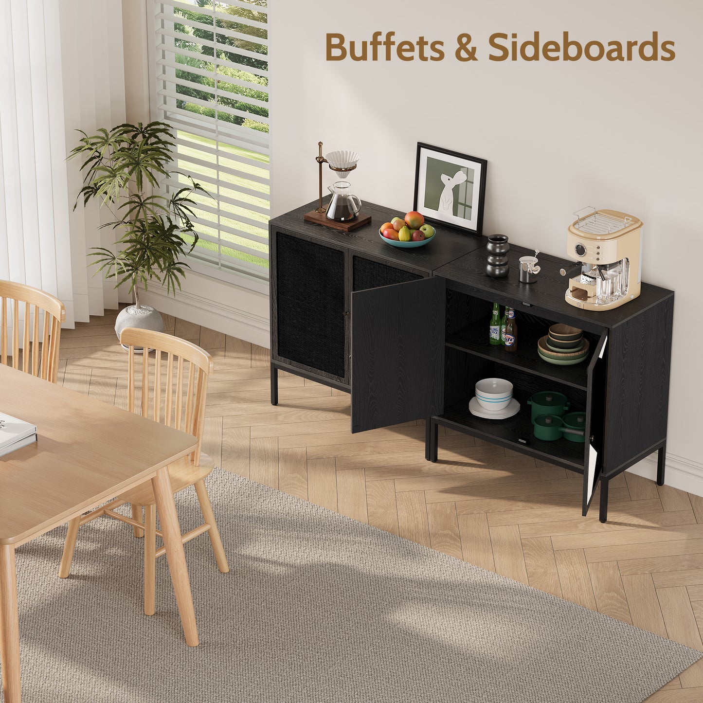 Brafabhome Sideboard Storage Cabinet with Handmade Natural Rattan Doors, Buffet Cabinet with Storage Shelf for Living Room, Dining Room, Entryway, Kitchen
