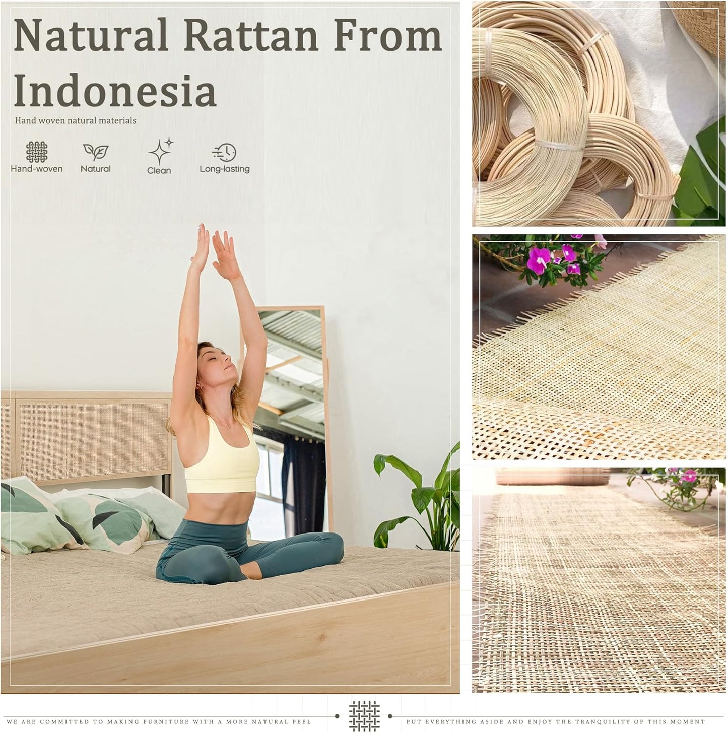 Brafabhome Rattan Bed Frames with Headboard, Wood Platform Bed Frame with 4 Storage Drawers, Mattress Foundation Noise-Free | Beige