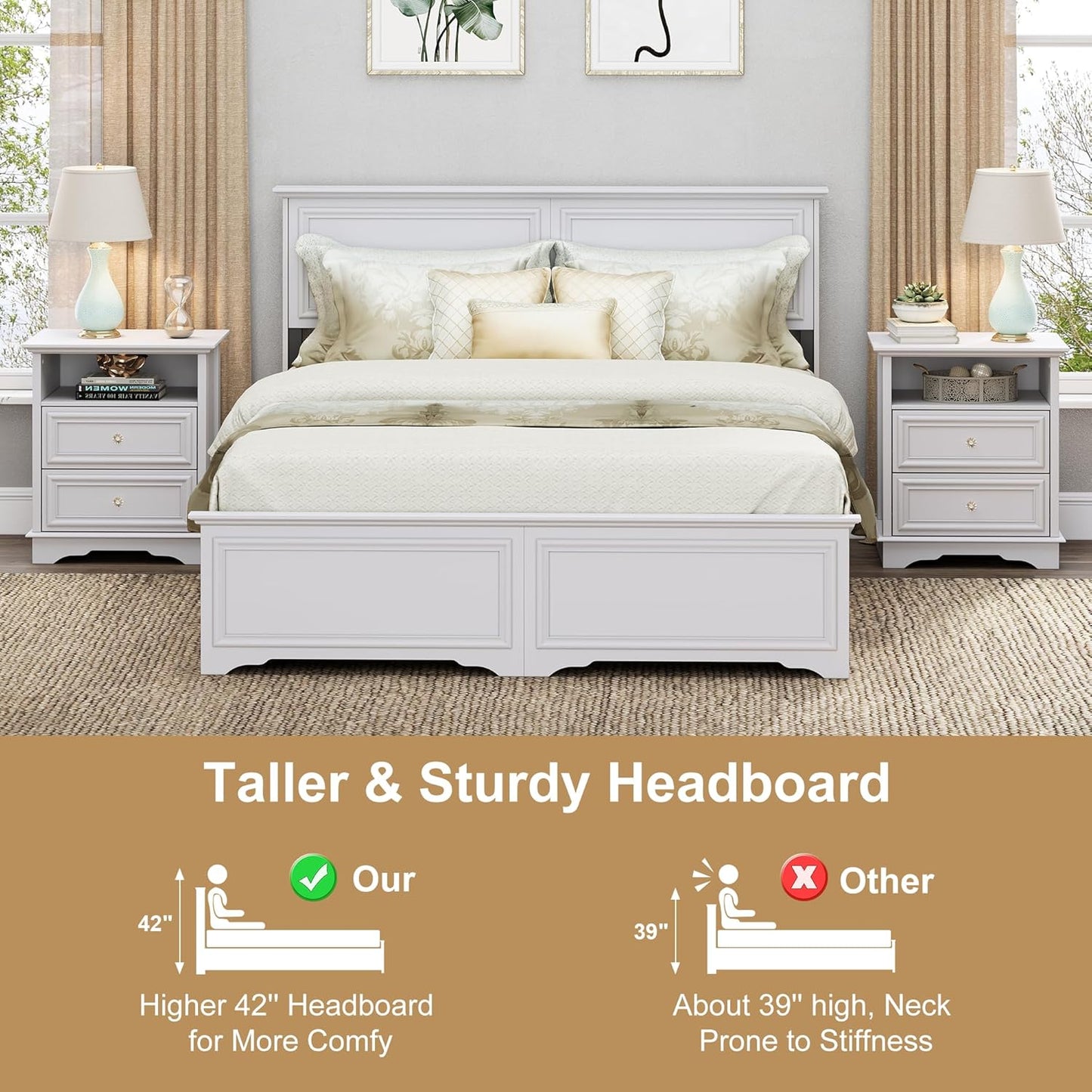 Brafabhome Mid-Century Wood Queen Bed Frame with 4 Storage Drawers, Rustic High Headboard Queen Size Platform Bed Frame for Bedroom Hotel Apartment, No Box Spring Needed