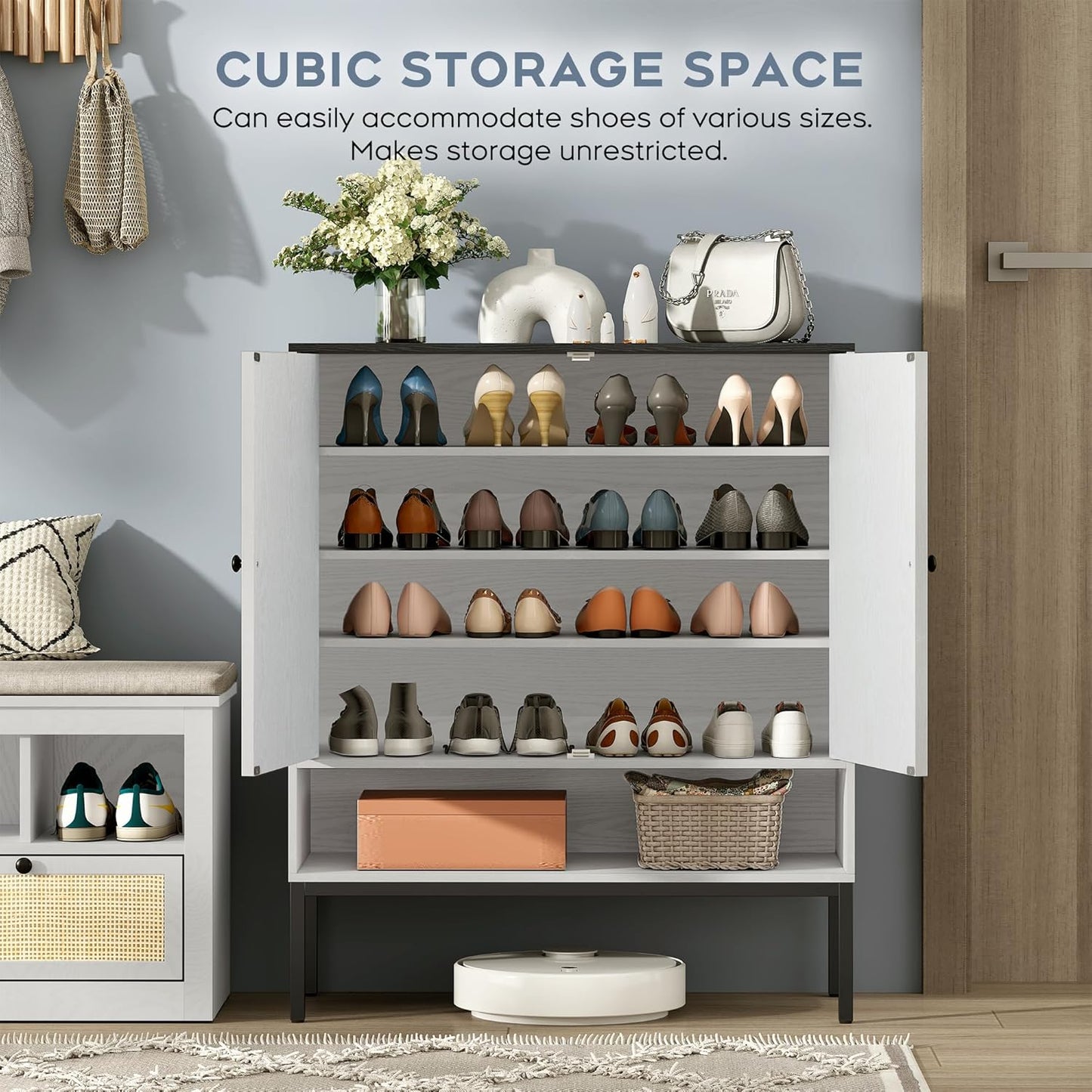 Brafabhome 5-Tier Natural Rattan Entryway Shoe Storage Cabinet with Doors