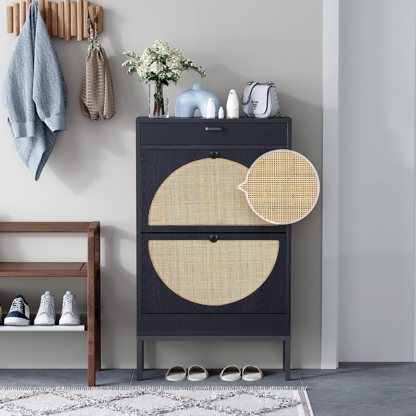 Wooden Entryway Storage Shoe Cabinet with Rattan Doors