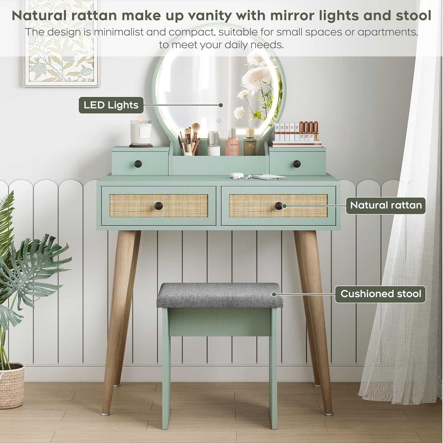 Brafabhome Vintage Boho Vanity Table Set with Adjustable Lighted Mirror and Stool, Modern Dressing Table Set with Drawers and Storage Shelves for Makeup Room Bedroom | Green