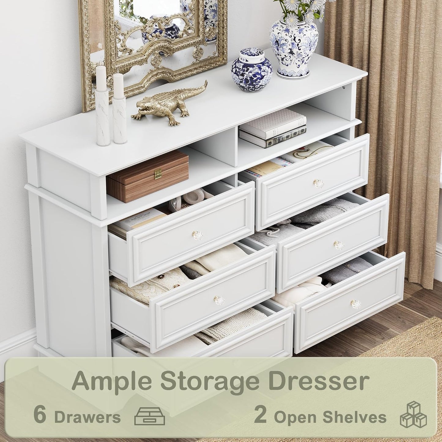 6 Drawer Dresser for Bedroom with Shelves Storage, 47'' Wide Farmhouse Thickened Wood Chest of Drawers, 35'' Tall Mid Century Modern Dressers Organizer for Living Room, Closet, Hallway