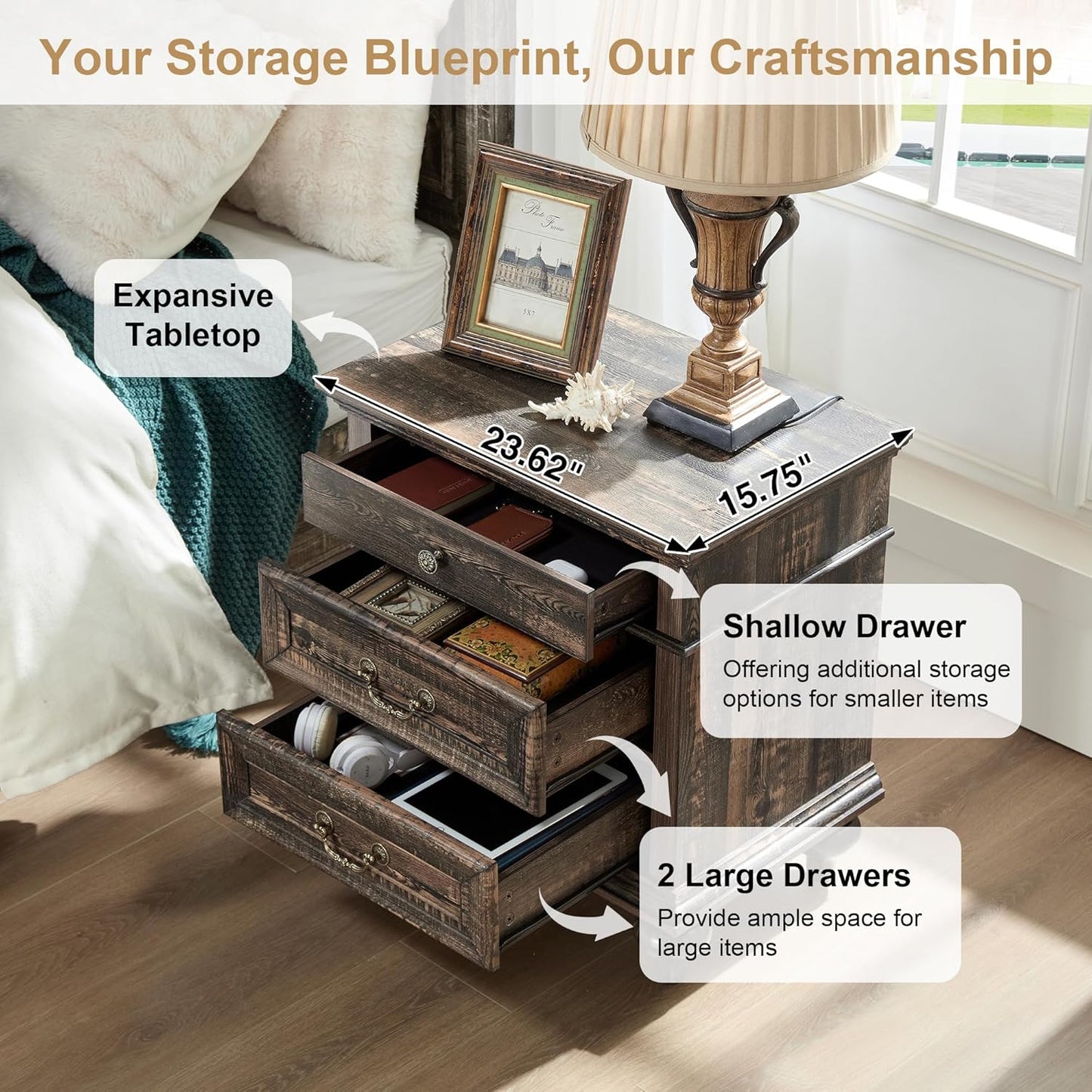 3 Drawers Farmhouse Rustic Thickened Wood Nightstands