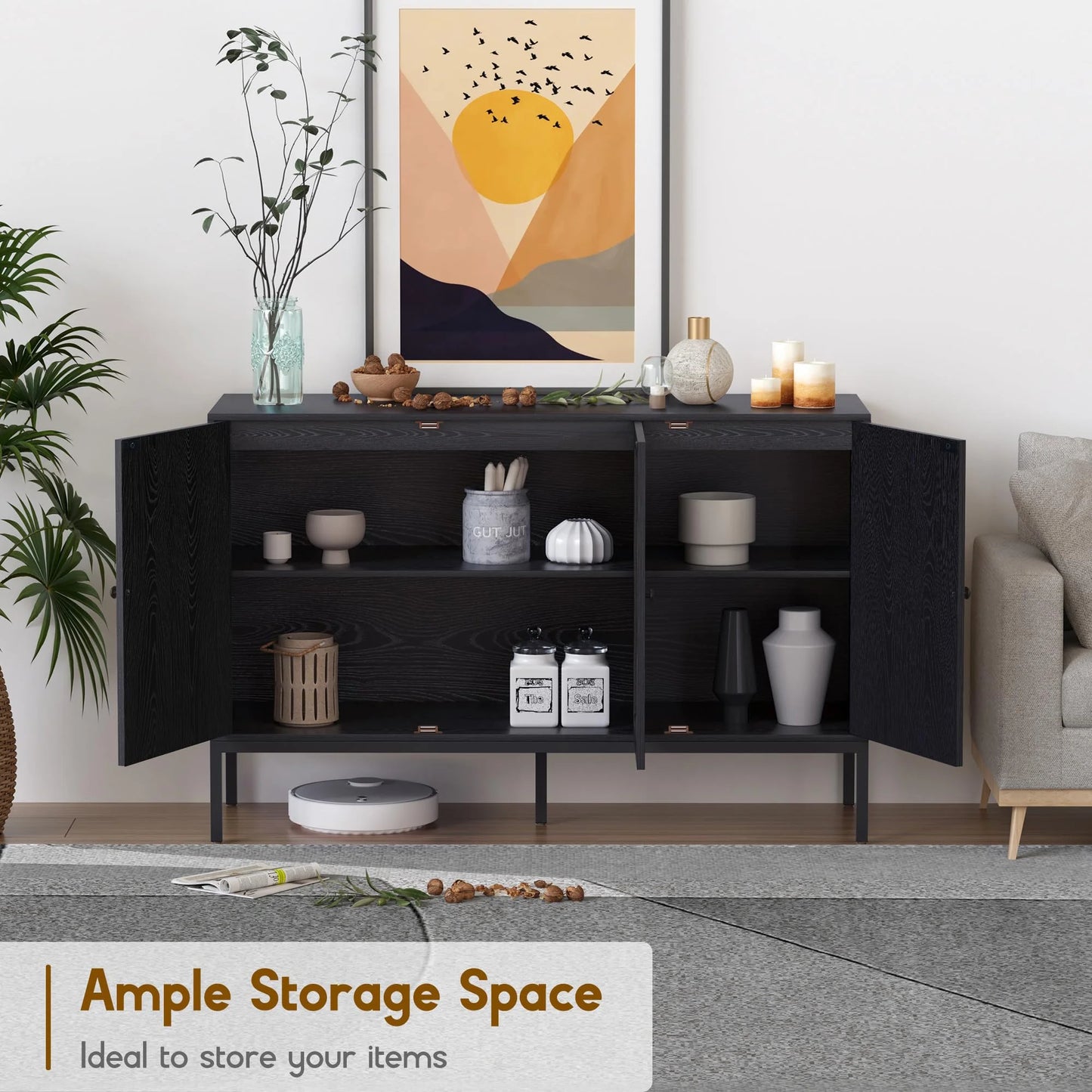 Brafabhome Sideboard Storage Cabinet with Handmade Natural Rattan Doors, Buffet Cabinet with Storage, for Living Room, Dining Room, Entryway, Kitchen