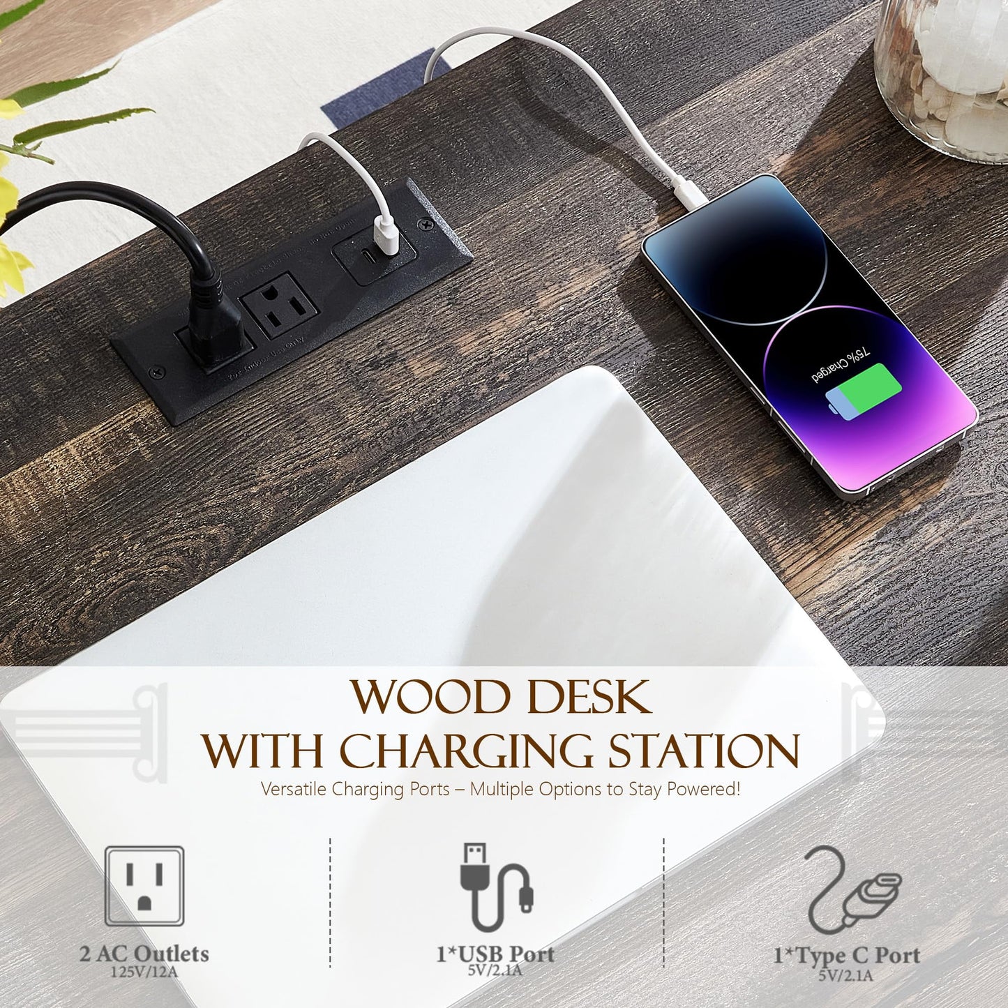 Brafabhome Executive Desk Computer Writing Desks with Charging Station, 55 x 20.5 in, Weathered Reclaimed Oak
