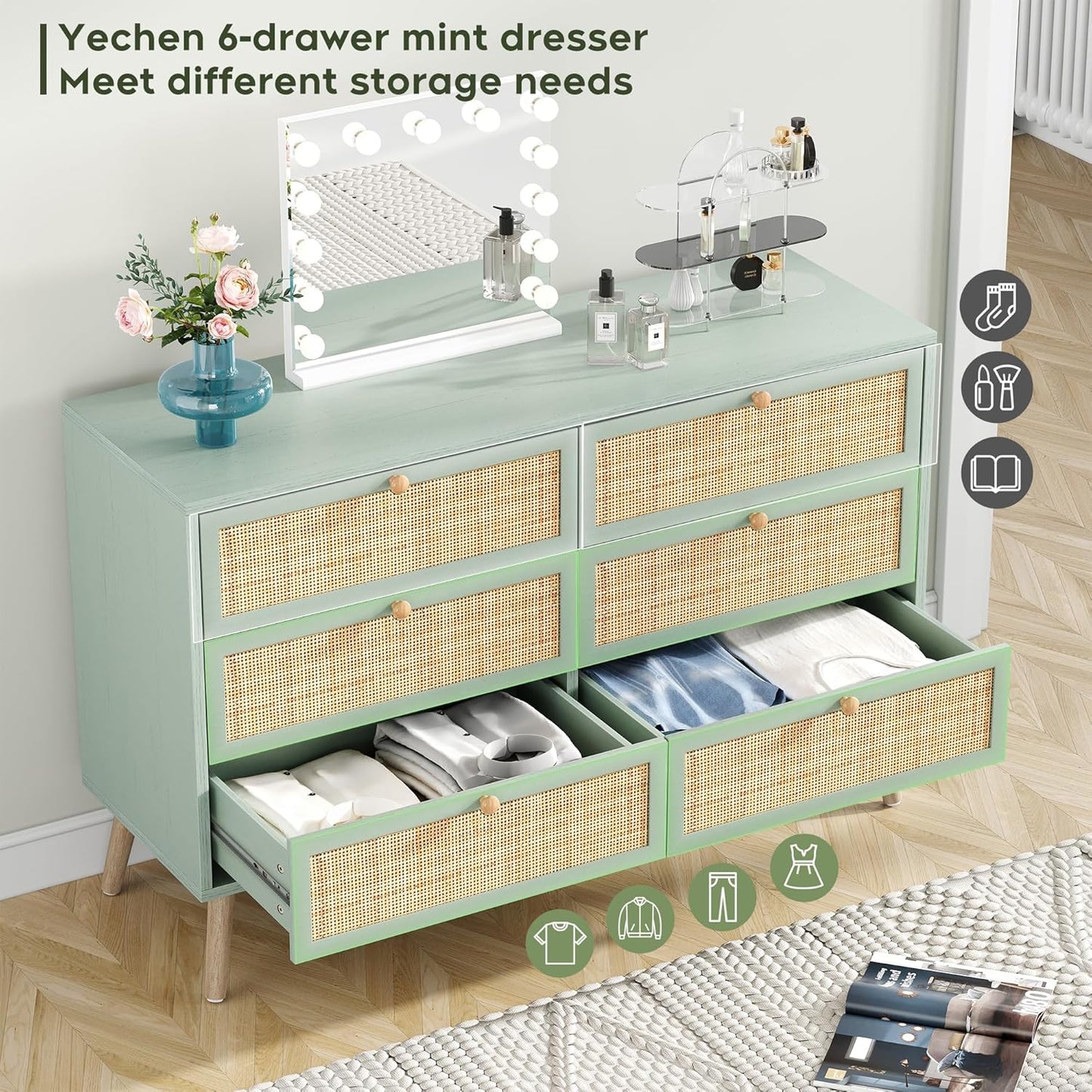Brafabhome Mid-Century Modern Dresser with Hand-Woven Natural Rattan, Vintage Green Boho 6 Drawer Double Dresser with Wooden Legs