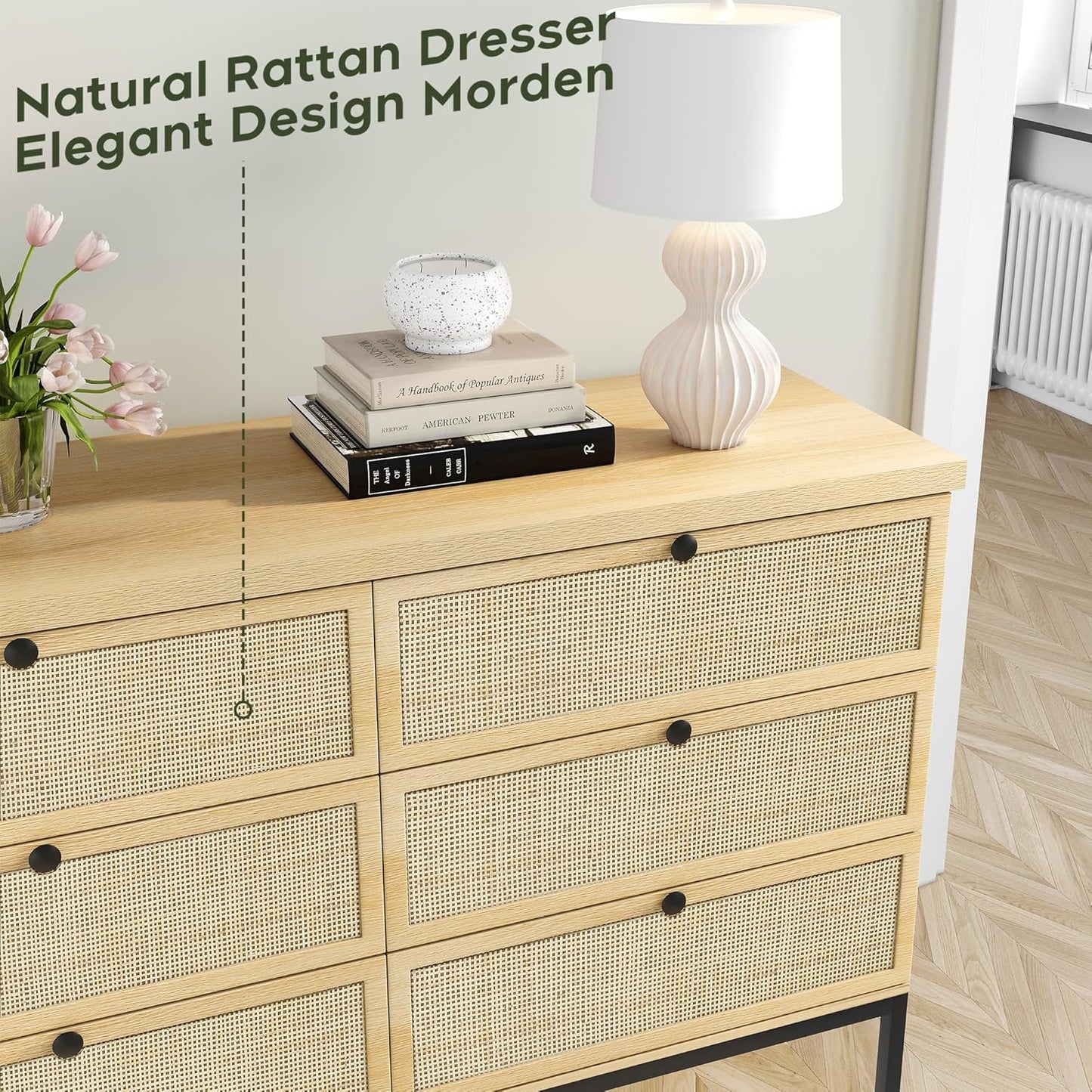 Brafabhome Mid-Century Modern Dresser with Hand-Woven Natural Rattan, Vintage Green Boho 6 Drawer Double Dresser with Wooden Legs