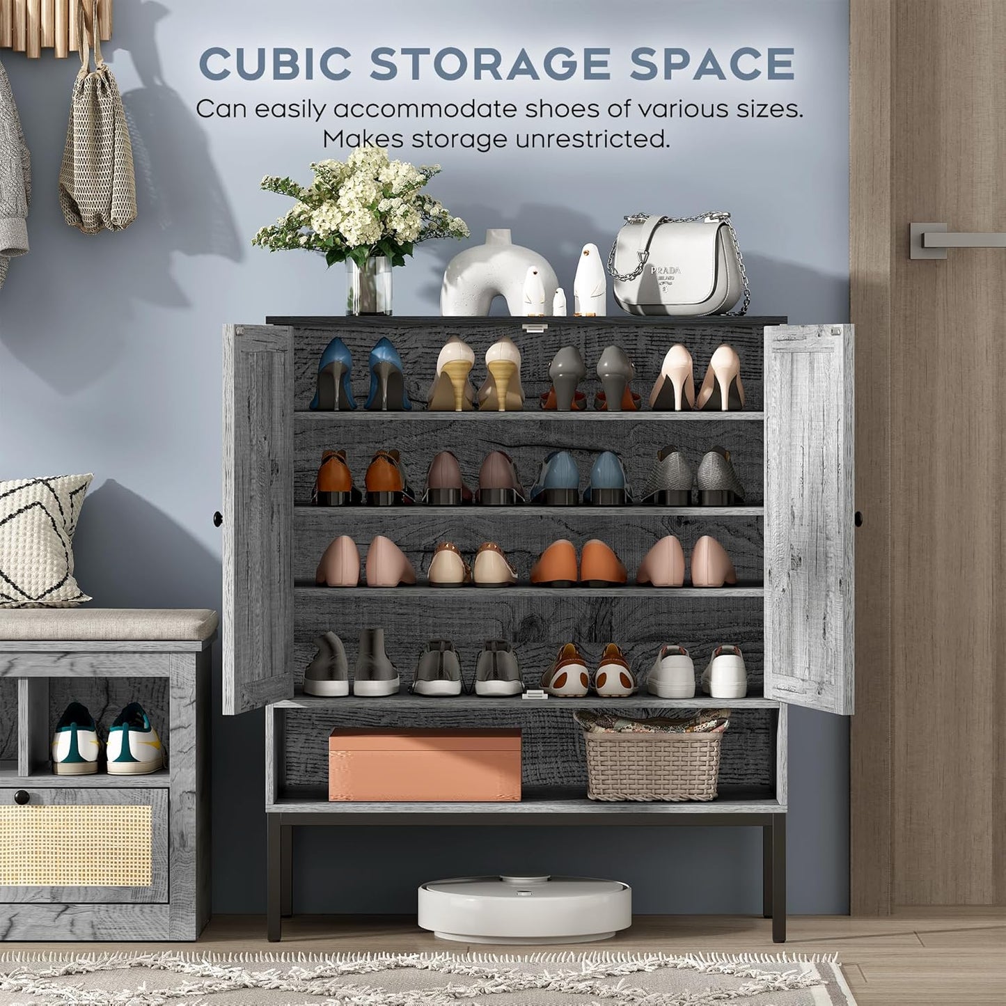 Brafabhome 5-Tier Natural Rattan Entryway Shoe Storage Cabinet with Doors