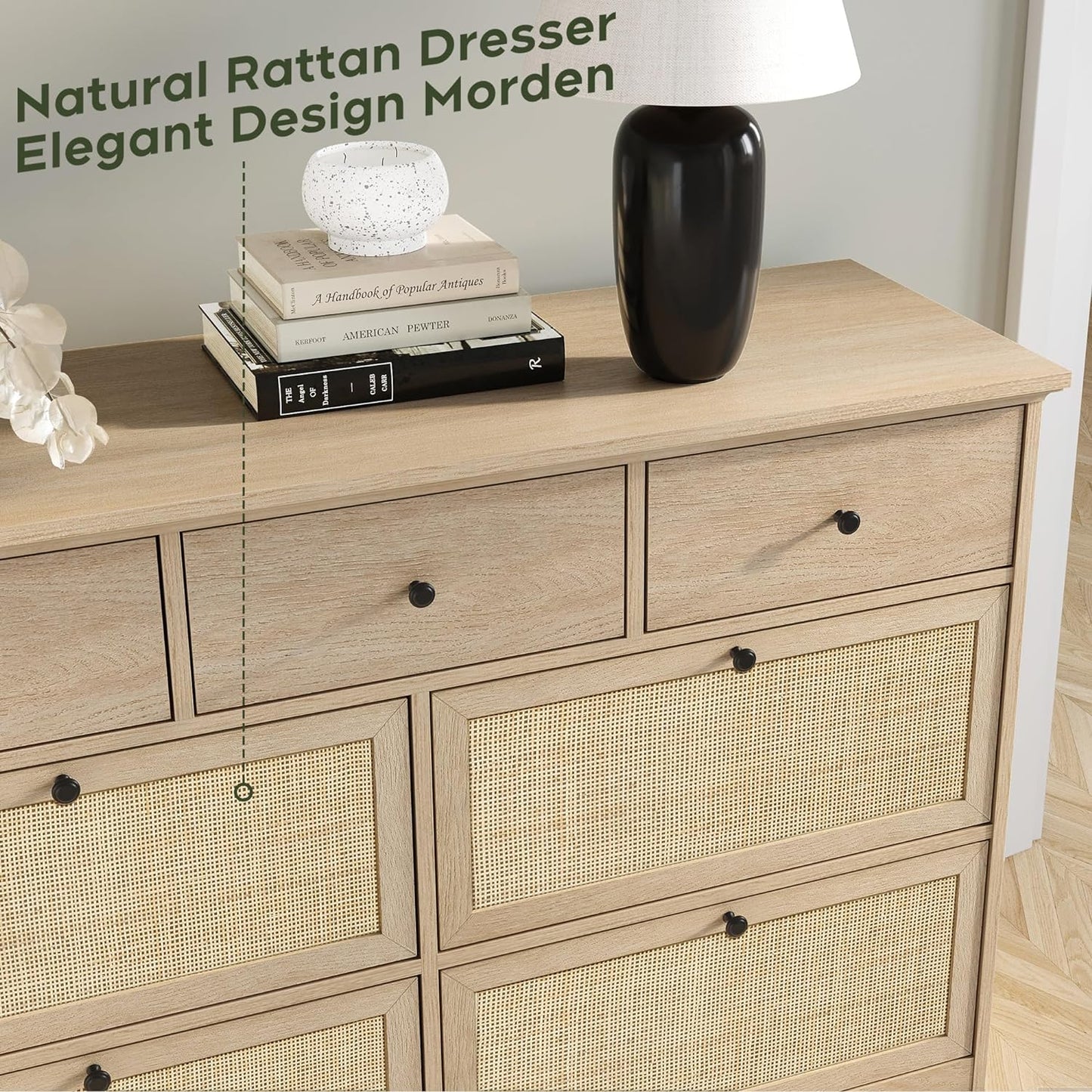 Brafabhome 7 Drawers Natural Rattan Dresser TV Stand Wooden Cane Dressers for Bedroom