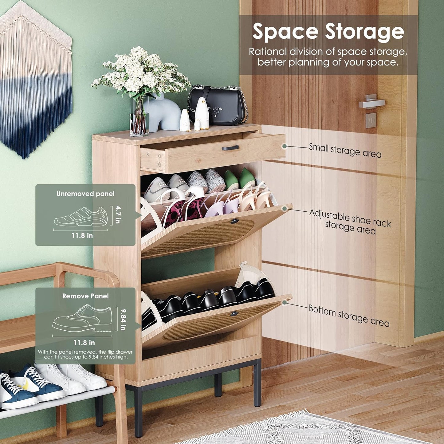 Wooden Entryway Storage Shoe Cabinet with Rattan Doors