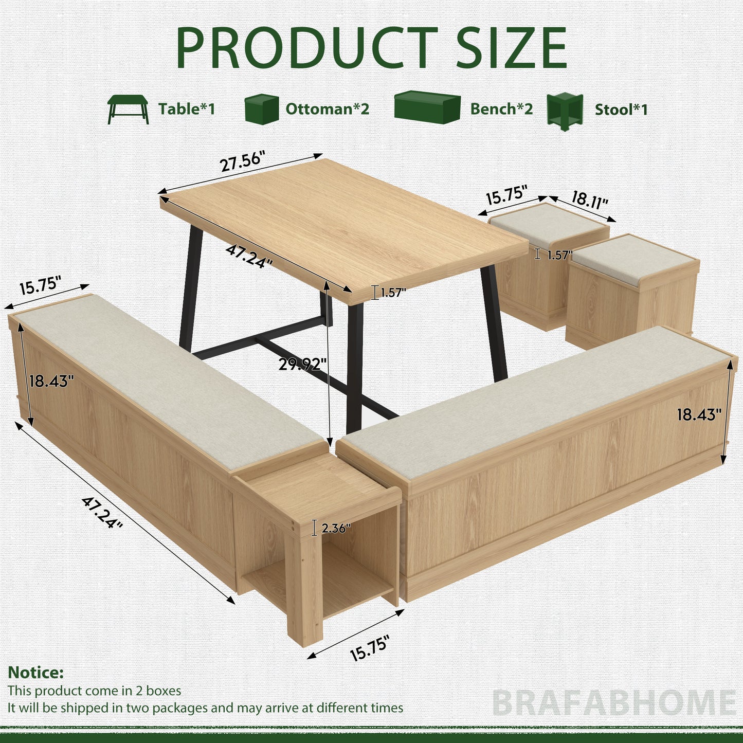 Brafabhome 6 PCS Dining Table Set with Storage Bench, Modern Corner Breakfast Nook with Cushions Stool for 6, Suitable for Kitchen and Dining Room