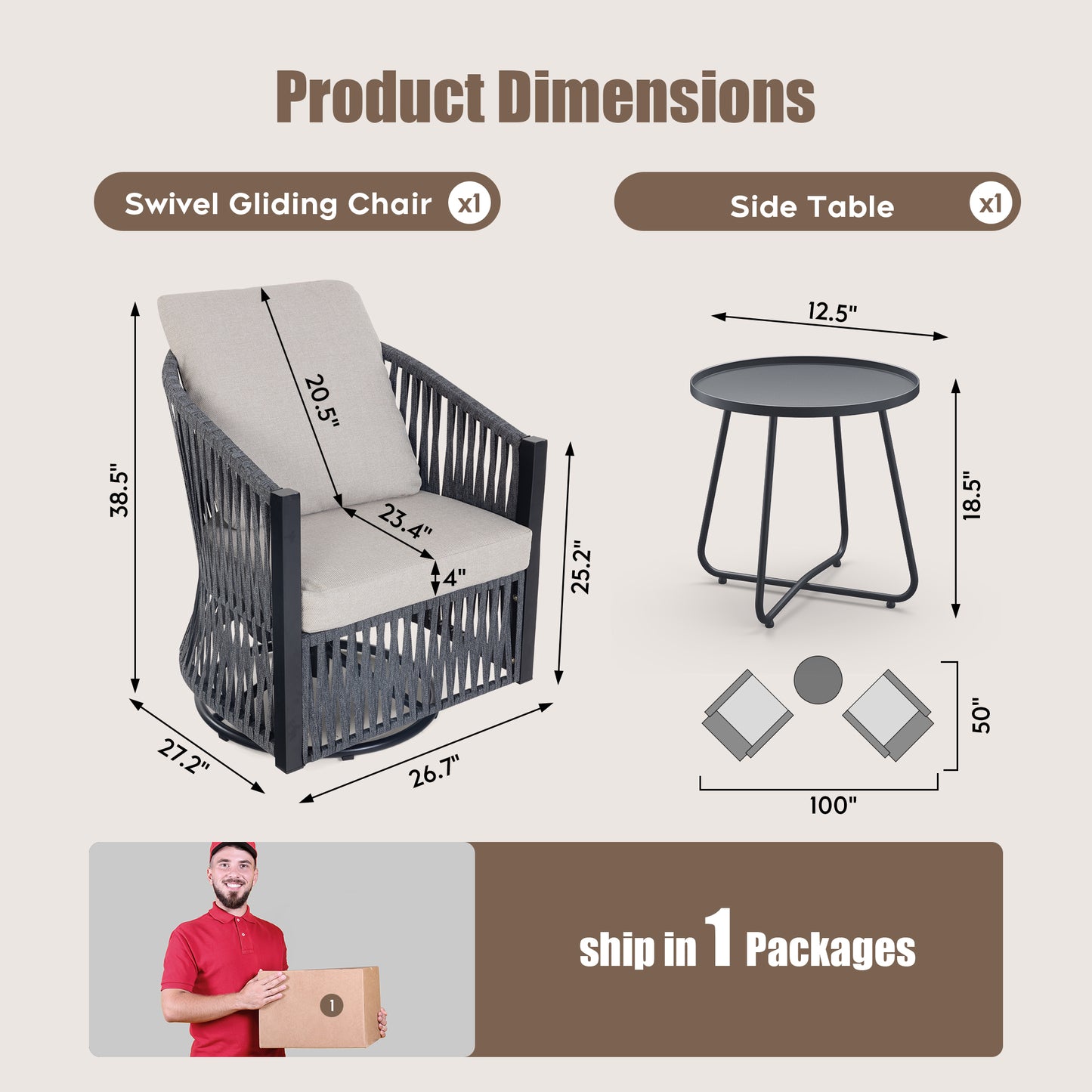 Brafabhome 2 Pieces Patio Furniture Set, Outdoor Swivel Gliders Rocker with Metal Side Table, Wicker Patio Bistro Set for Balcony Porch Deck Backyard | Gray