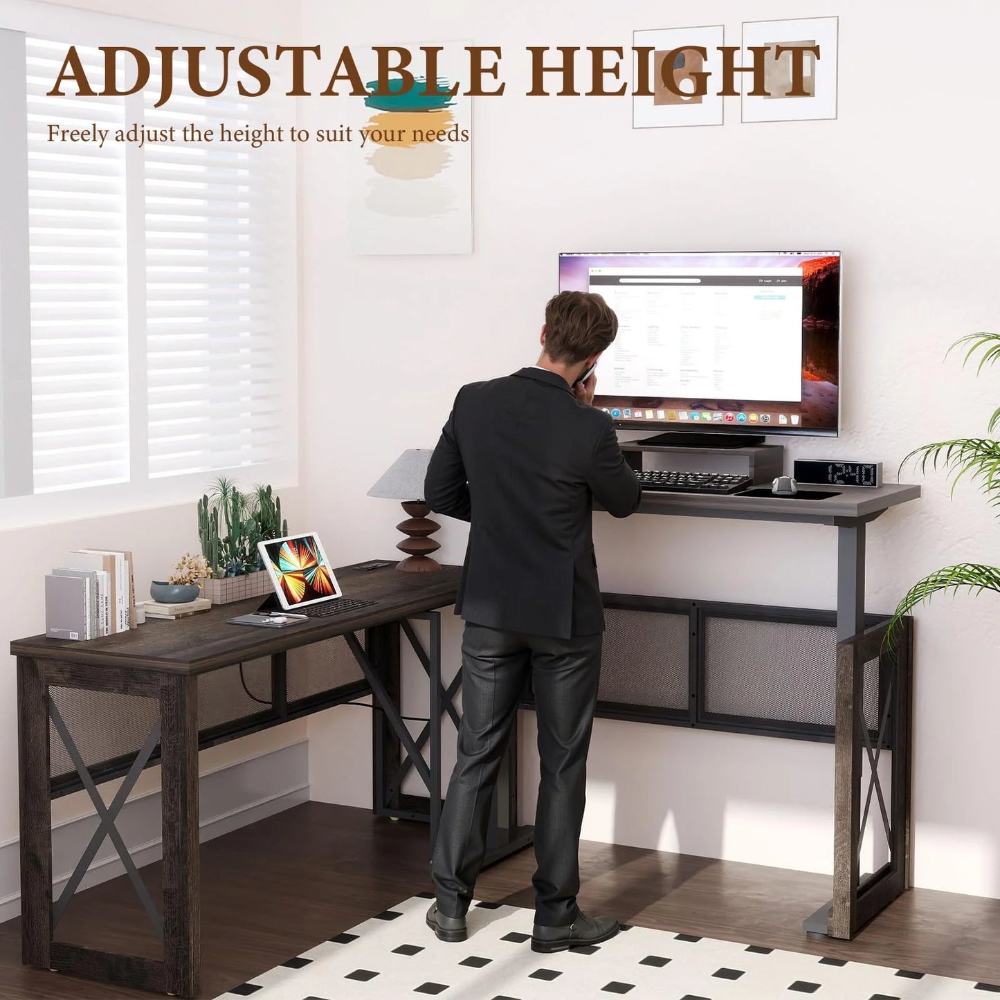 Brafabhome L Shaped Adjustable Standing Desk with Power Outlets, 61 Inch Electric Computer Desk for Work Office Home