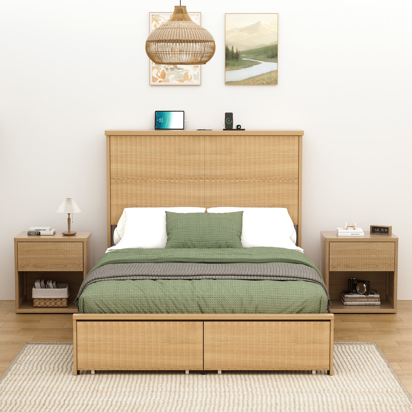 Brafabhome Accent Fluted Queen Bed Frame with Charging Station Headboard, Retro Wood Platform Bed Frame with Solid Wood Leg and 2 Storage Drawers for Bedroom Apartment, No Box Spring Needed