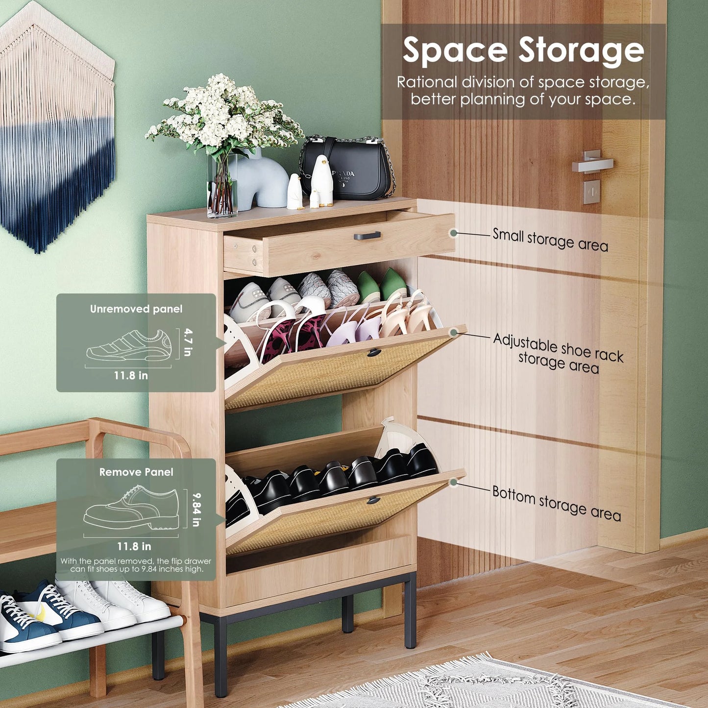 Brafabhome Shoe Rack Storage Organizer with 3 Flip Doors, Entryway Wooden Shoe Cabinet for Sneakers, Leather Shoes, High Heels, Slippers