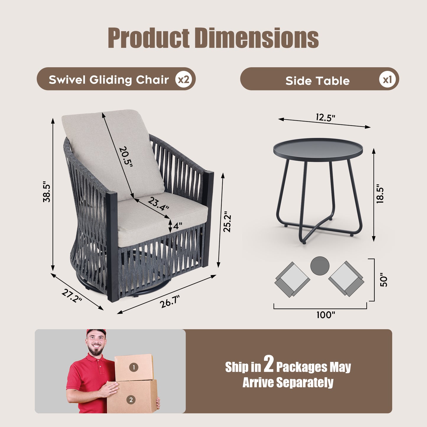 Brafabhome 2 Pieces Patio Furniture Set, Outdoor Swivel Gliders Rocker with Metal Side Table, Wicker Patio Bistro Set for Balcony Porch Deck Backyard | Gray