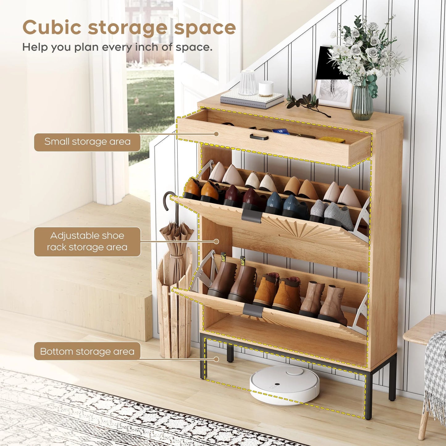 Brafabhome Shoe Storage Cabinet Slim Entryway Shoe Organizer with Half linear Circle Doors